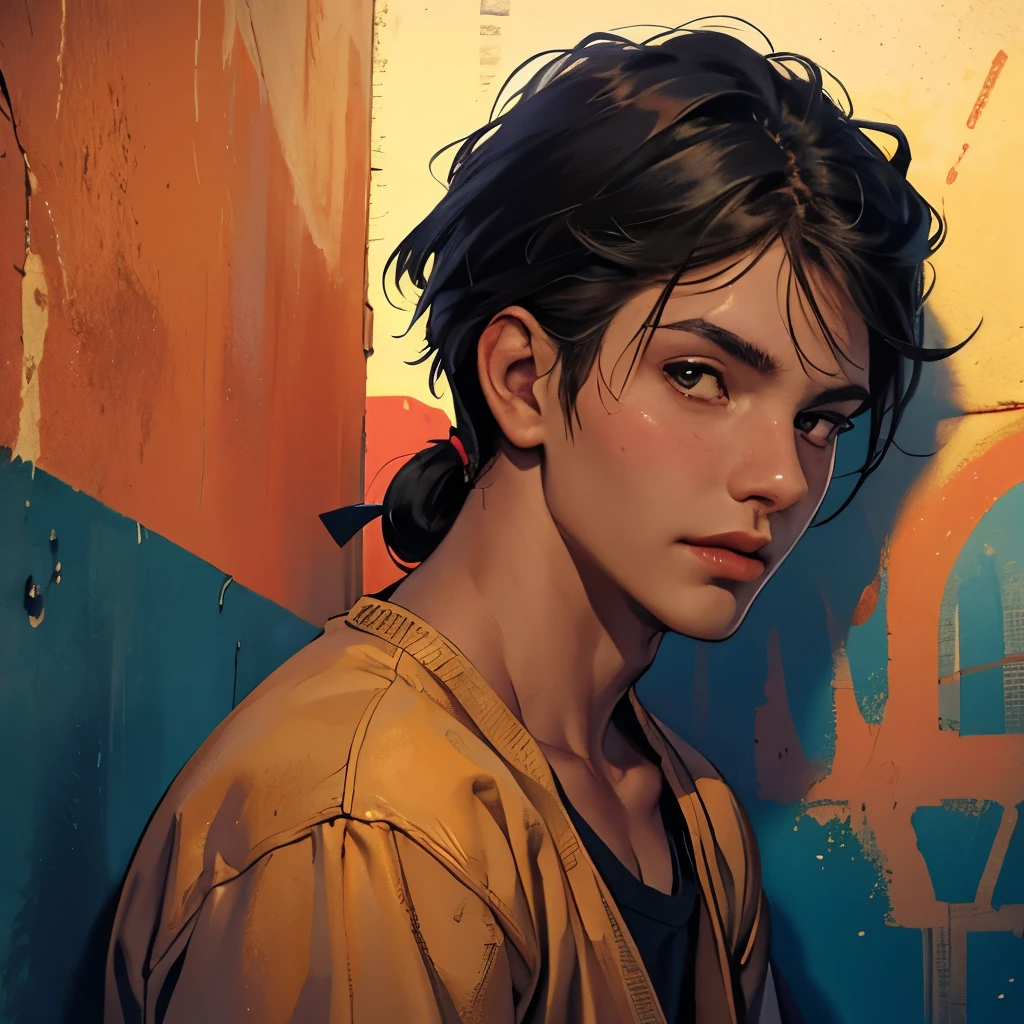 estilo comic 2d cabello blanco 16-year-old boy with cinnamon-brown skin, cuerpo atletico tonificado cabello liso,masculino serio pensativo observador tienviste camisa negra ajustada al cuerpo, de fondo una ciudad antiuga de egipto