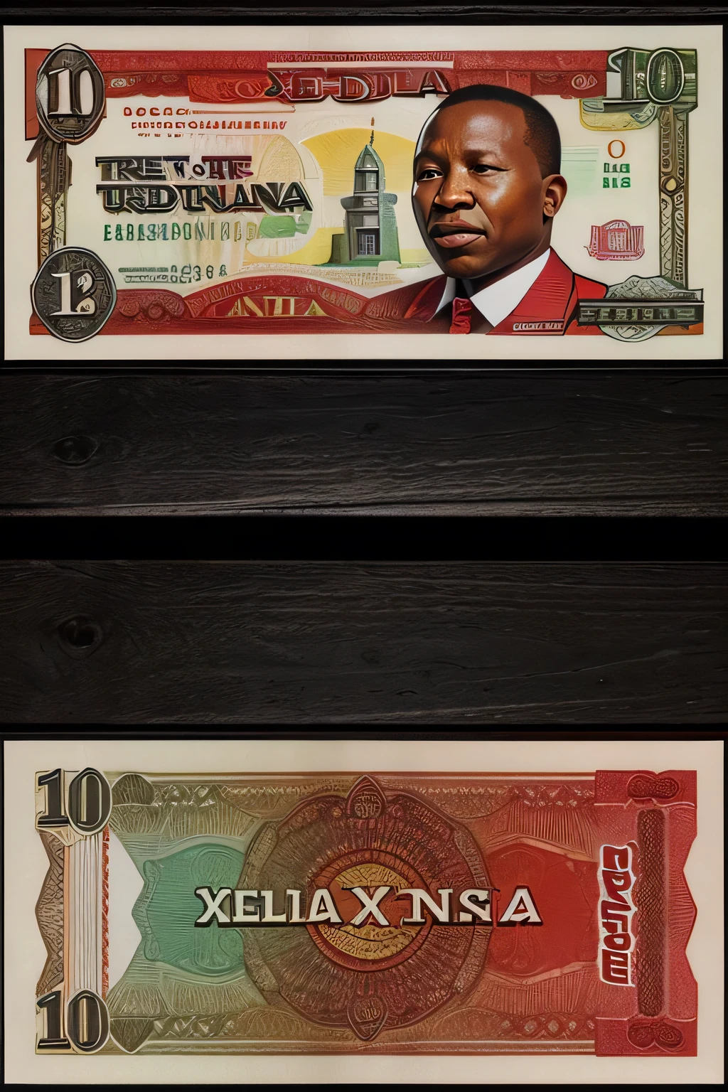 Design a red traditional Xhosa culture inspired money note based on the South African Rand with julius MALEMA ON IT