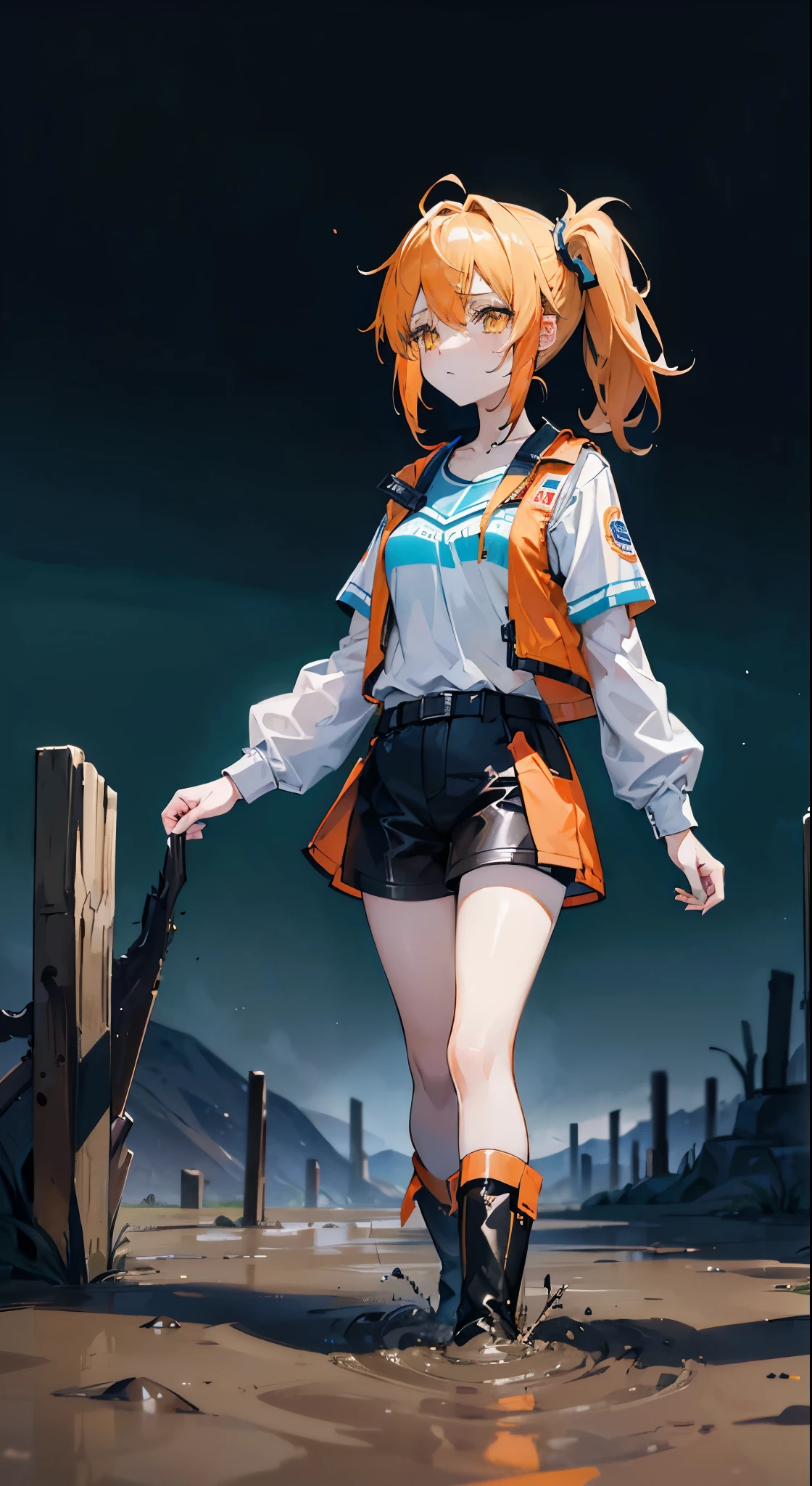 (a sky of falling stars, with a white catgirl with orange hair and green eyes wearing white shirt,orange jacket and black jeans watching on a cliff in the middle, lifting her head to watch the sky in a show studio, anime, digital art, trending on pixiv, artstation

), Film grain, Bloom