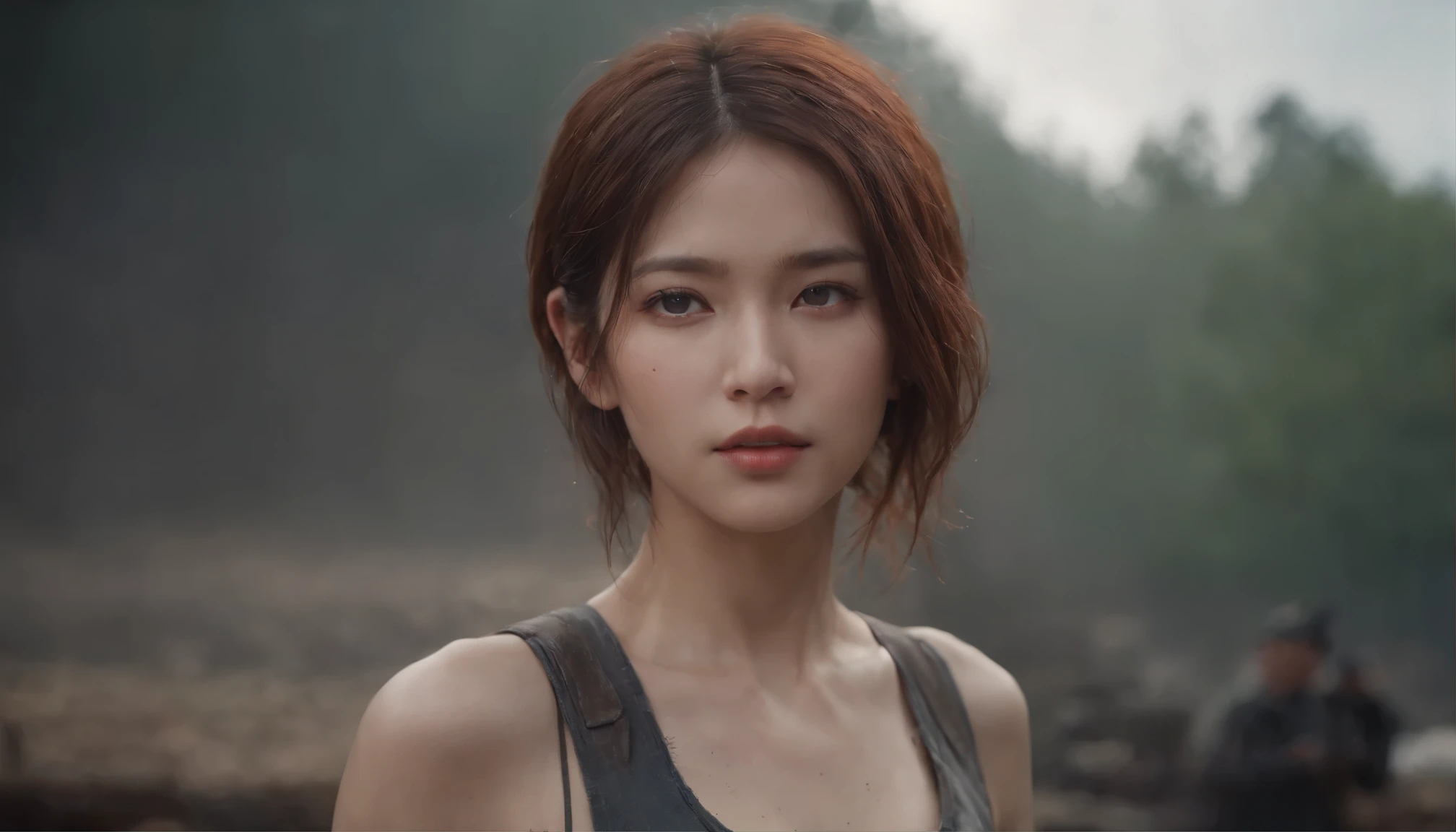 A breathtakingly beautiful girl, Radiant and charming eyes, Cold and intense, Bob hair, Sweaty body, Post-apocalyptic punk shirt, Short shorts, boot, Ultra photo realsisim, Realistic, best quality real texture skin, movie atmosphere, Tattered clothes, (Post-apocalyptic punk, Post-apocalyptic fiction), A post-apocalyptic world where buildings collapse, (blood stain), The art of Rei Kurahashi, Haunting and solemn, A beam of light shines through, Illuminate the gloomy environment, (Best quality, Masterpiece, Depth of field, Full-HD, 4K, Richness of detail), Portrait style,Upper body