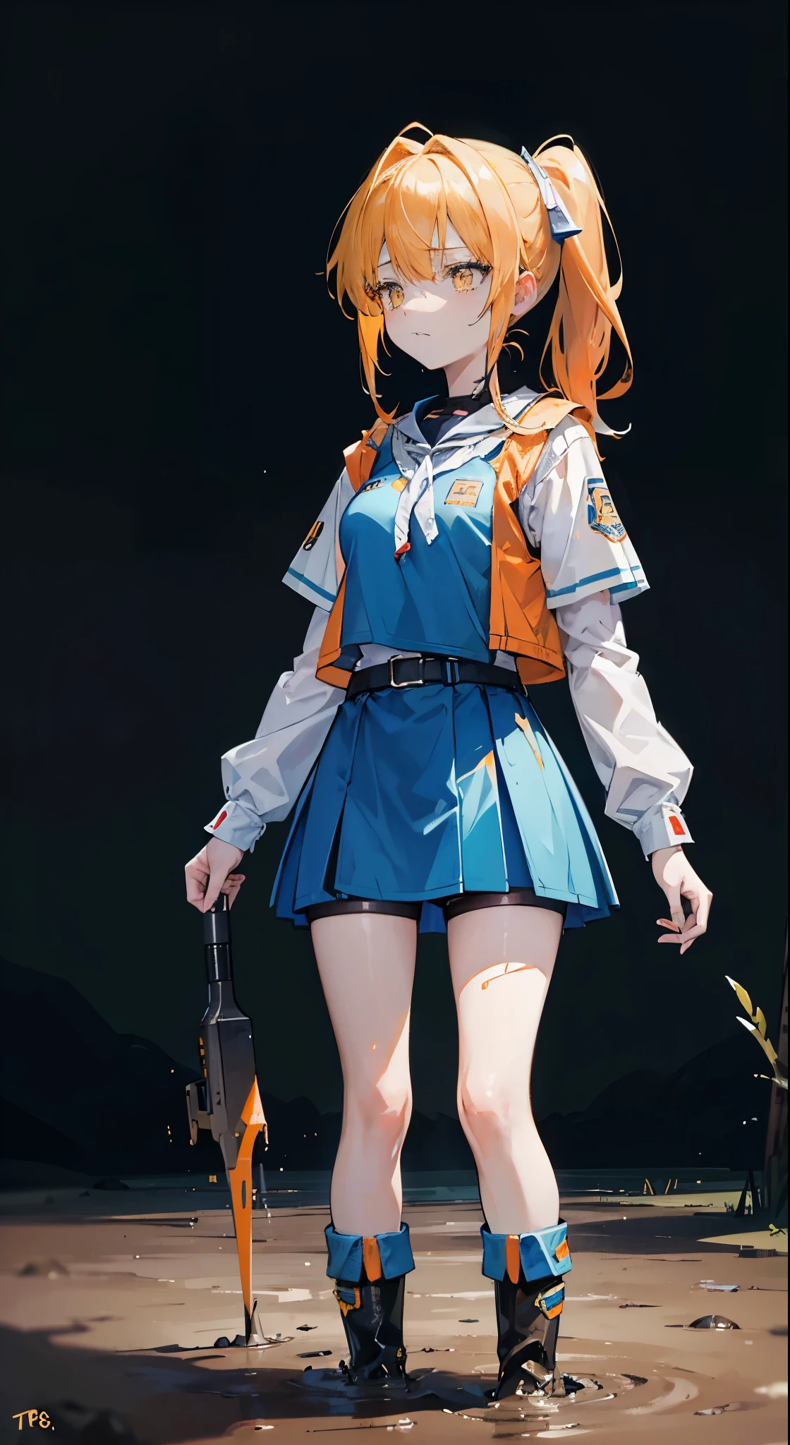 (best quality, 8k, high-resolution, masterpiece:1.2), ultra-detailed, smoothly rendered, precisely composed, triangle composition, light blue twin ponytails, yellow eyes, fair skin, 16-year-old Western girl in anime style, wearing a cyberpunk-inspired orange vest and metallic boots, landscape in the background, full-body depiction, splatter art style, struggling in a muddy swamp, legs sinking into the mud, dark brown muddy swamp, nighttime, expression of despair.