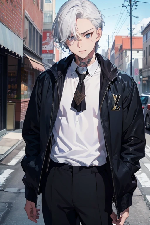 1 boy, tall, handsome, (wearing Louis Vuitton clothes), Standing in front of a sportsbike, handsome, (White hair with blue shade), black eyes, (Have a small crucifix tattoo near his eye), (have a small scar near his lip), Windbreaker_Joker, no abnormality, manhwa character, character_Joker, anime, Manhwa_type_Boy.