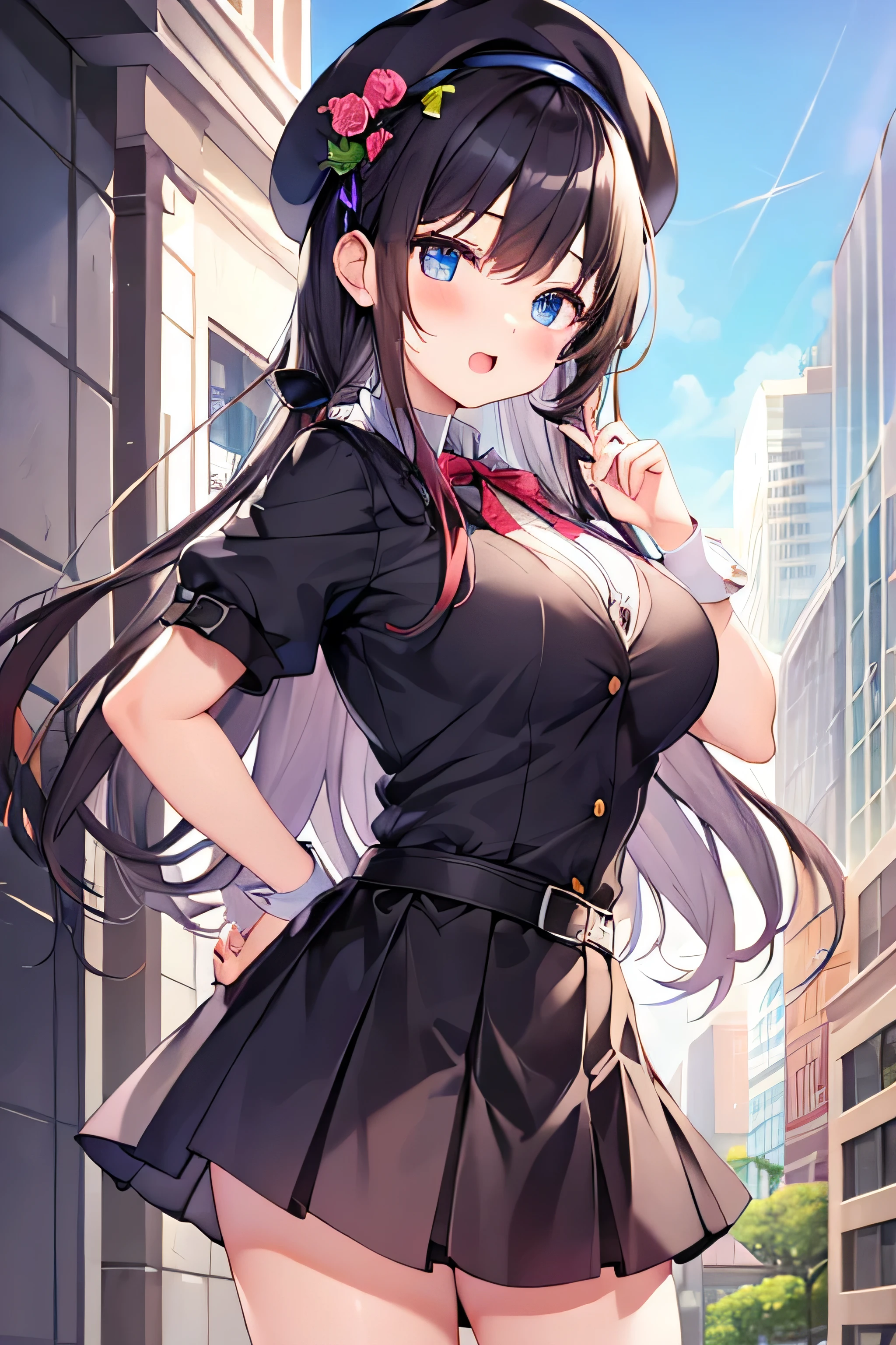masterpiece、Highest image quality、ultra high resolution、teen with big tits、twin tail hairstyle、black hair、red face、mock、Open your mouth just a little、Short-sleeved women's clothing that shows the chest、 for teenage girls、Girls berets for teenage schoolSkyscraper、outdoors
