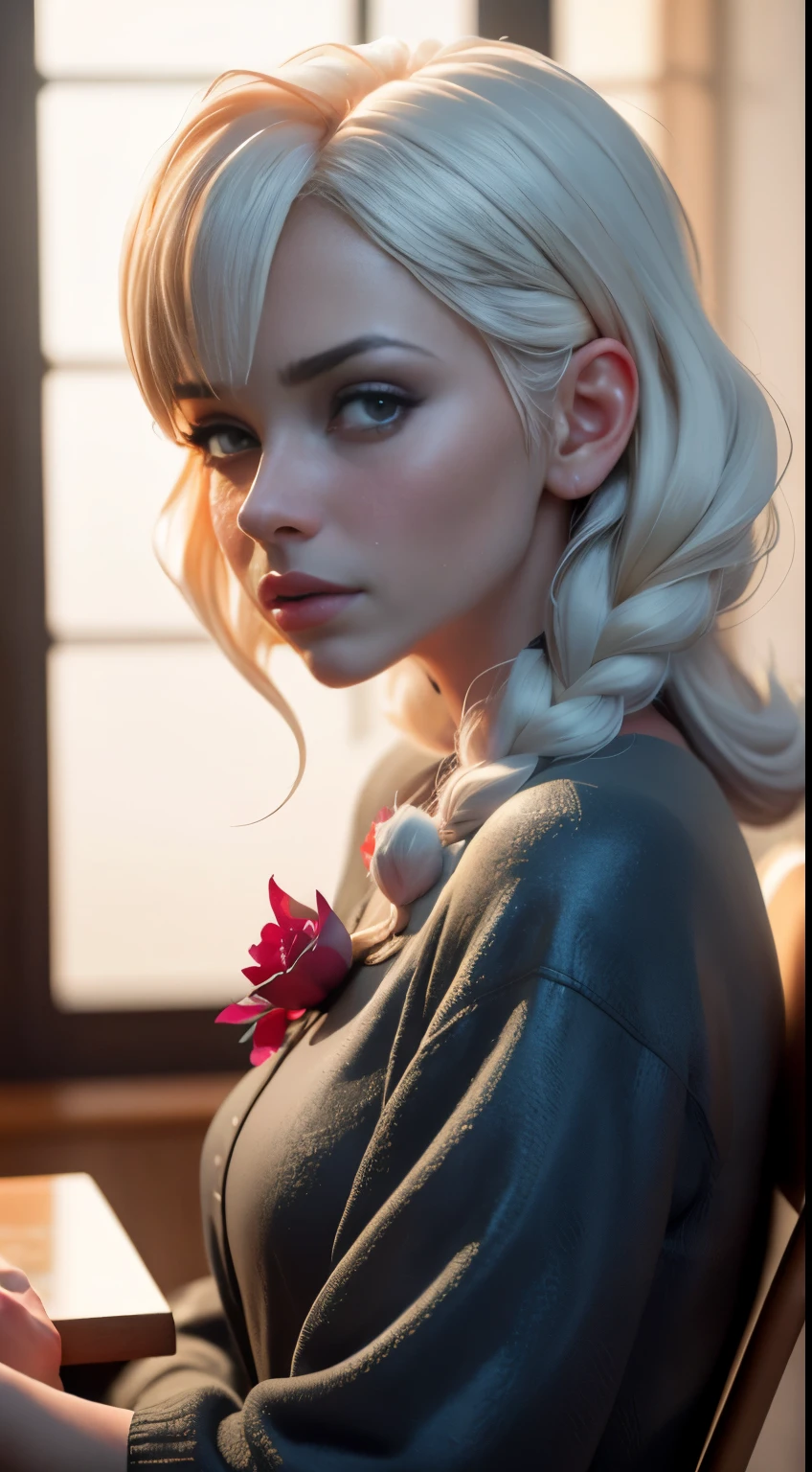 1girl, beautiful detailed eyes, beautiful detailed lips, extremely detailed eyes and face, long eyelashes, orange sleeves, white hair, white skin, light blue hair ornament, blue suspenders, blue clothes, light blue eyes, bare feet, double braids, detailed background, cinematic lighting, highly detailed, 8k, photorealistic, hyper realistic, masterpiece, studio lighting, vivid colors, soft warm colors, intricate details