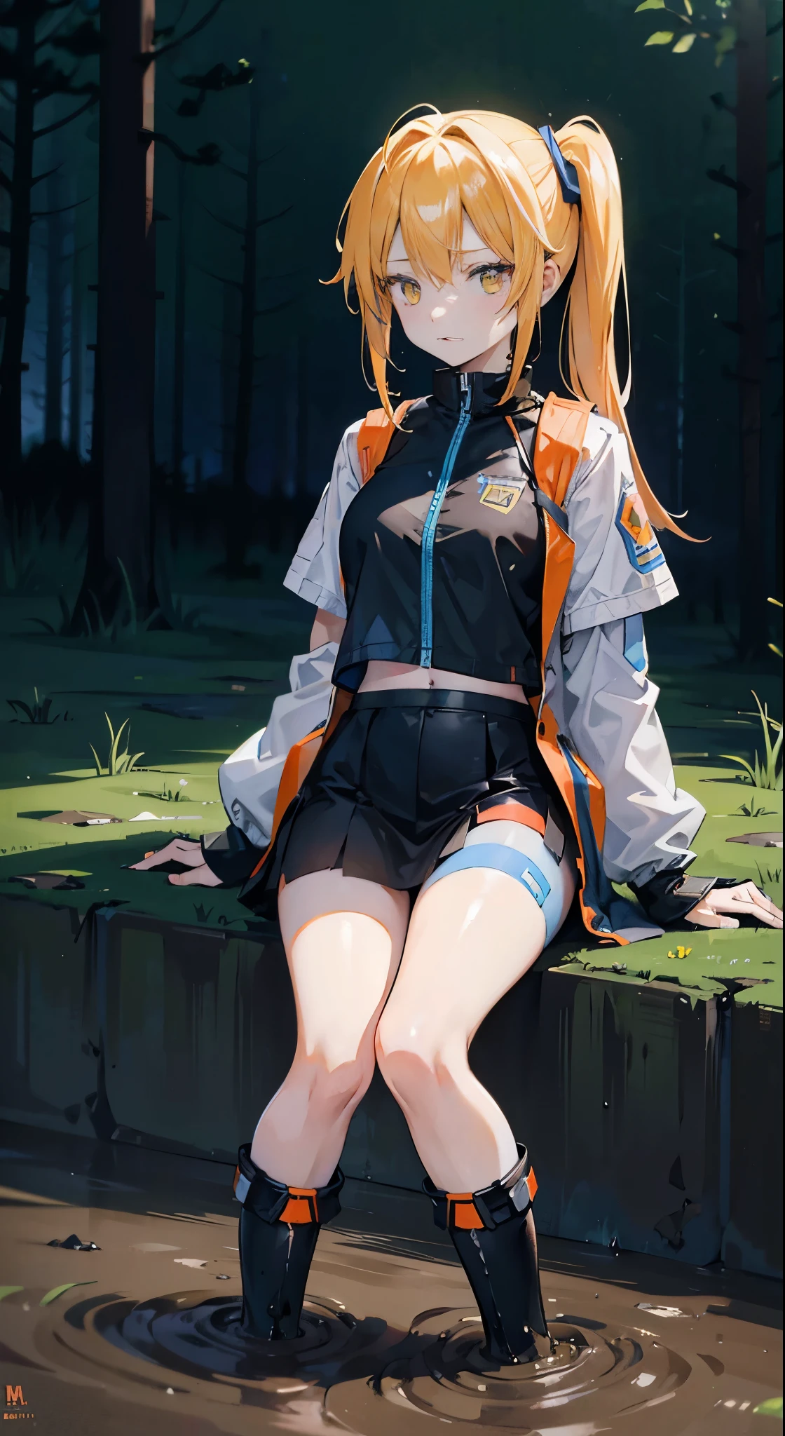 (best quality, 8k, high-resolution, masterpiece:1.2), ultra-detailed, smoothly rendered, precisely composed, triangle composition, light blue twin ponytails, yellow eyes, fair skin, -yeld Wern girl in anime style, wearing a cyberpunk-inspired orange vest and metallic boots, landscape in the background, full-body depiction, splatter art style, struggling in a muddy swamp, legs sinking into the mud, dark brown muddy swamp, nighttime, expression of despair.