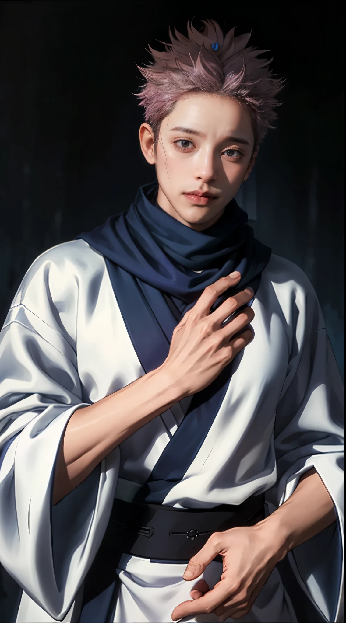 RyomenSukuna,1man, blue scarf, japanese clothes, white kimono, wide sleeves, long sleeves, obi, tabi, zouri, upper body, ((solo)), 1man, detailed face, intricate eyes, film grain, realistic