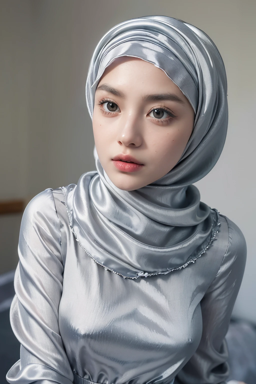 ((Masterpiece, best quality, photography, detailed skin, realistic, photo-realistic, 8k, highly detailed, full length frame, High detail RAW color art, diffused soft lighting, shallow depth of field, sharp focus, hyperrealism, cinematic lighting, hijab, a woman in a beautifully makeup, smokey eyeshadow, beautiful big eyes, long eye lashes, wearing (aqua satin hijab), loosely tide hijab style, ((gray satin outfit)),