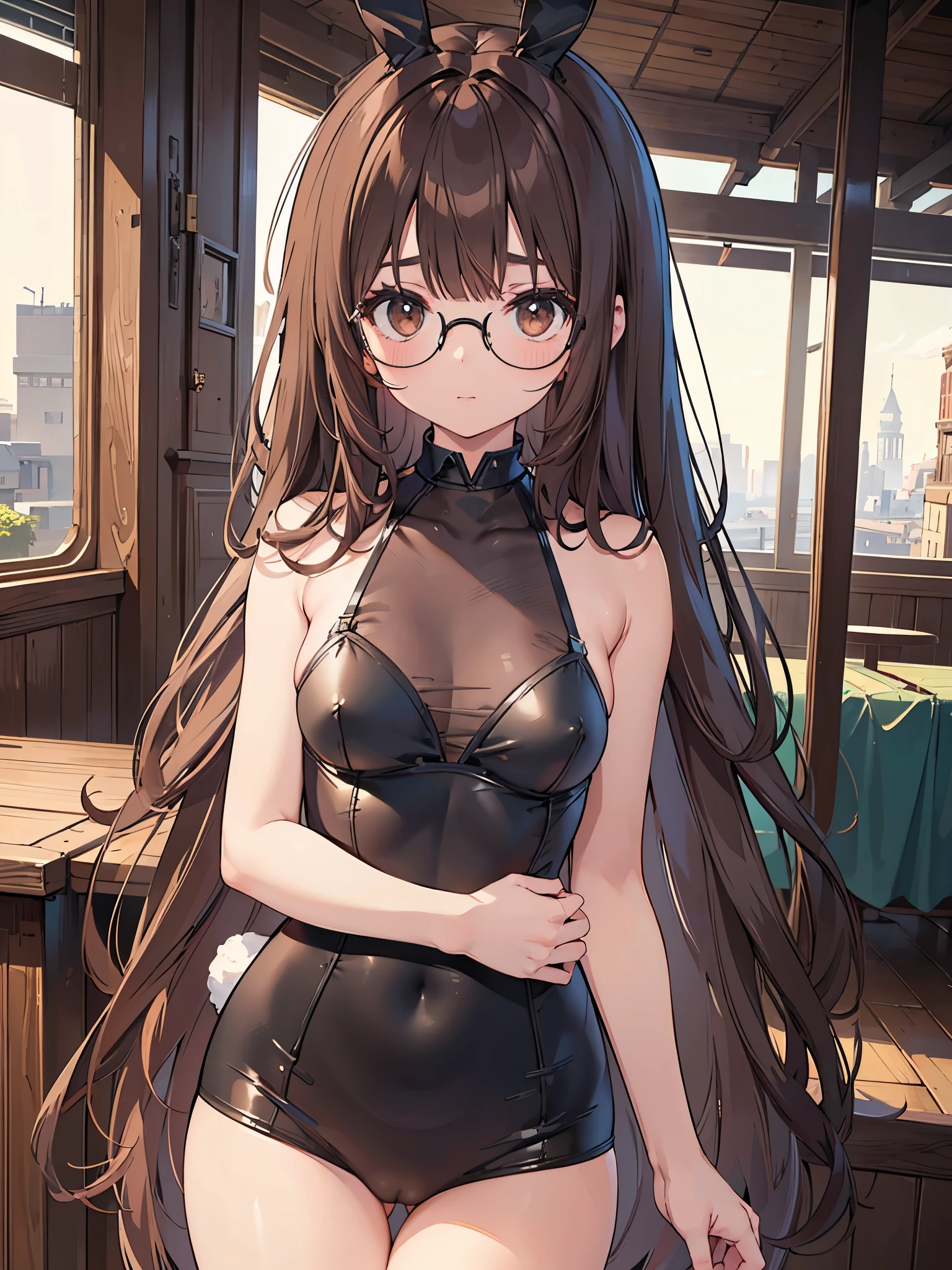 NSFW、1 woman、brown hair(long)、brown eyes、black round glasses、 best quality、Super detailed、8K resolution、Raw photo、muste piece、seductive 、gorgeous face、perfect body、Bunny girl