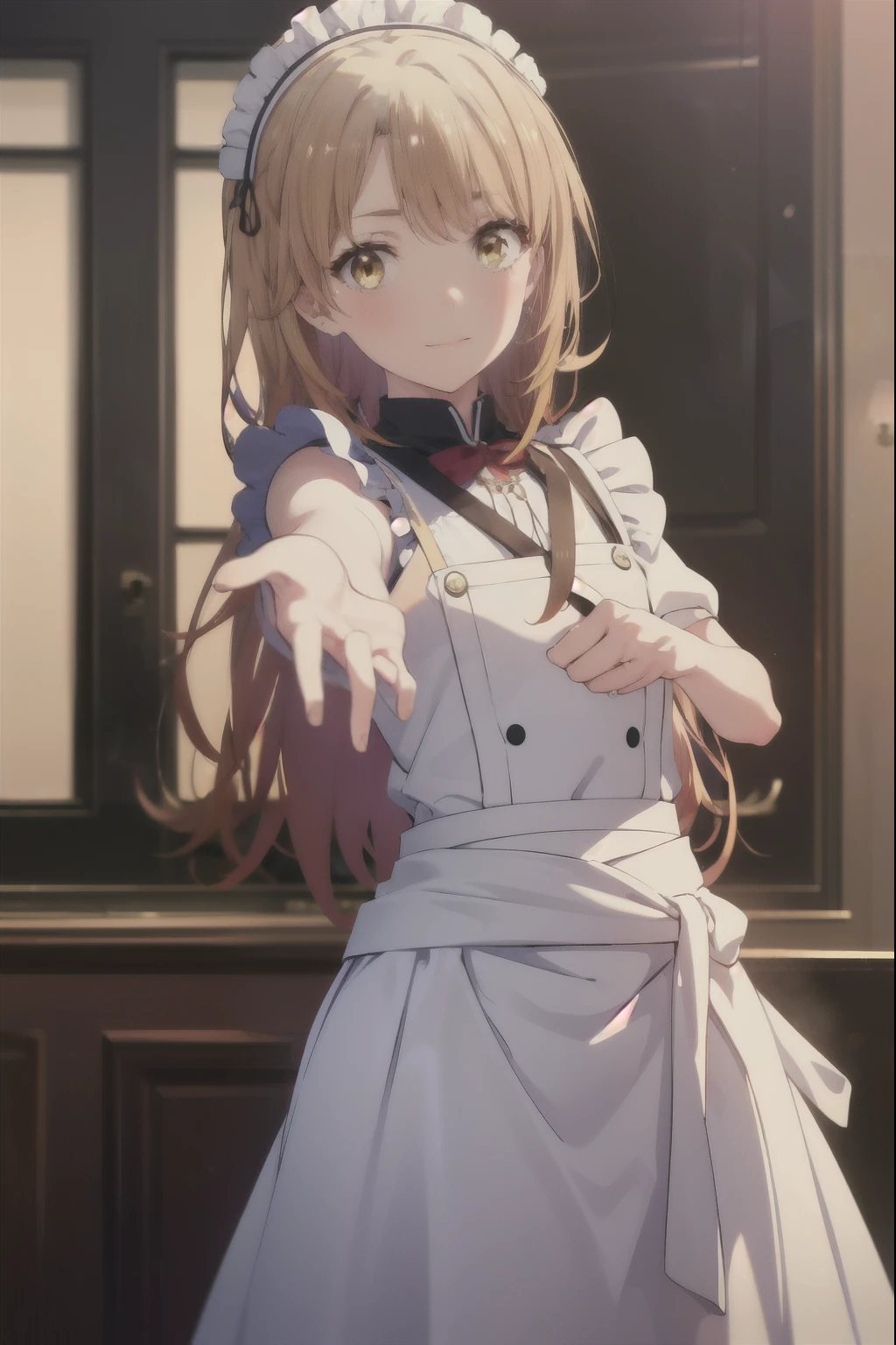 irohaisshiki, iroha isshiki, long hair, 茶hair, (brown eyes:1.5), smile,skirtリフト, cloth, hair, skirt, maid,He is intimidating with one hand on his waist.,
break indoors, dining,
break looking at viewer, (cowboy shot:1. 5)、break (masterpiece:1.2), highest quality, High resolution, unity 8k wallpaper, (figure:0.8), (detailed and beautiful eyes:1.6), highly detailed face, perfect lighting, Very detailed CG, (perfect hands, perfect anatomy),