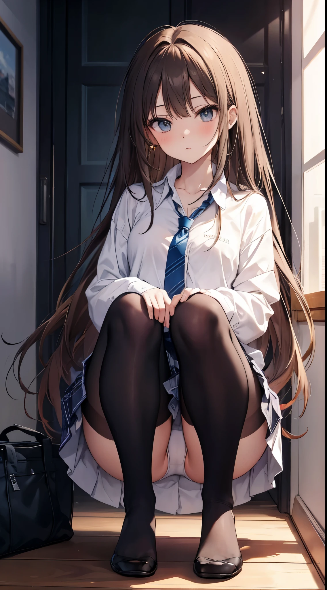 finest, masterpiece, High resolution, (Full body view from head to toe), front, frontやや下からの構図, symmetry, 18 year old tall girl, alone, (whole body from head to toe), (small breasts), Unkempt brown hair, bangs, (black tights), (black pantyhose), (sit with legs spread), (squatting pose), (Composition showing white panties), (her legs spread、I can see white panties.), (I was made to sit on the floor with my legs spread apart.), (M-shaped spread legs), thin legs, A very beautiful and tall 18 year old girl, (not wearing shoes), blush, shy big eyes, looking at camera, blazer uniform, plaid pleated skirt