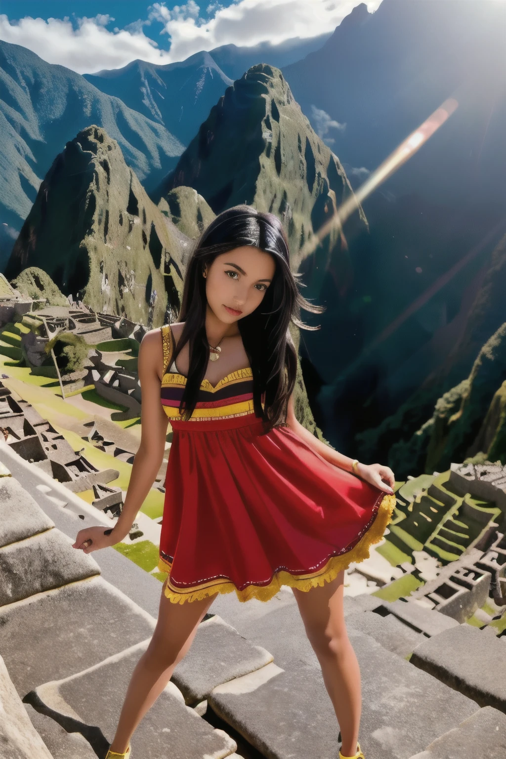 masterpiece, best quality, hyperrealistic, cinematic photo, 18 year old girl, ((Tanned skin)), Peruvian amazing slim body, ((Sexy Peruvian dress)), Long black straight hair, perfect slender legs, wide hips, perfect hands, beautiful face, perfect face, youthful, (blured background), modern style, from below, (low-angle shoot), low_angle_human, towering, (full body shot), standing, underneath shot, (view viewer), looking at viewer,(8k, epic composition, photorealistic, sharp focus), detailed background, ((On Machu Picchu)), surrounded by mist, nostalgia filter, DSLR, foil grain, sun rays