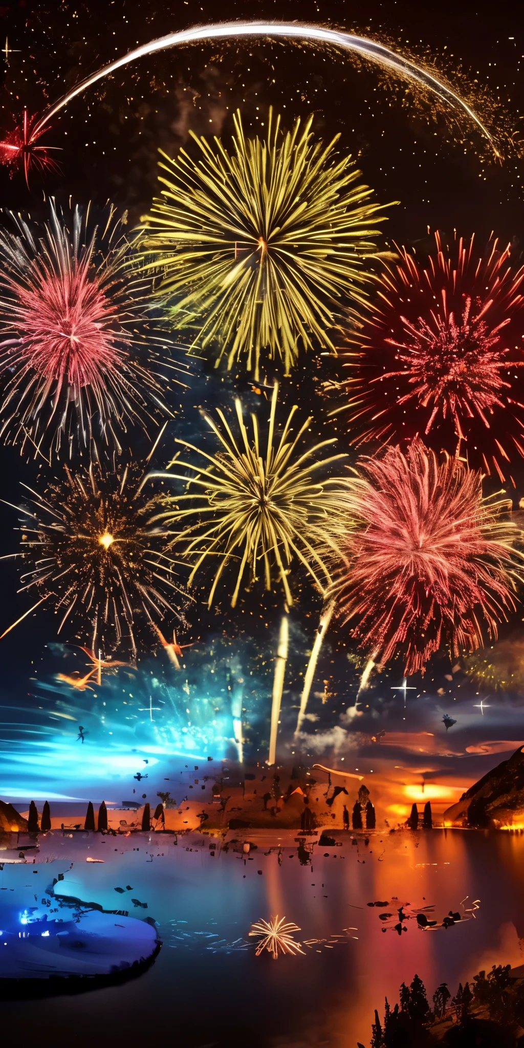 fireworkss are lit up in the night sky over a lake, fireworkss on the background, fireworkss in background, [ fireworkss in the sky ]!!, fireworkss in the background, fireworks, fireworkss, celebration, blinds, amazing background, background big explosion, festival. night scenery, happy!!!, !!beautiful!!, fireworks, fourth of july