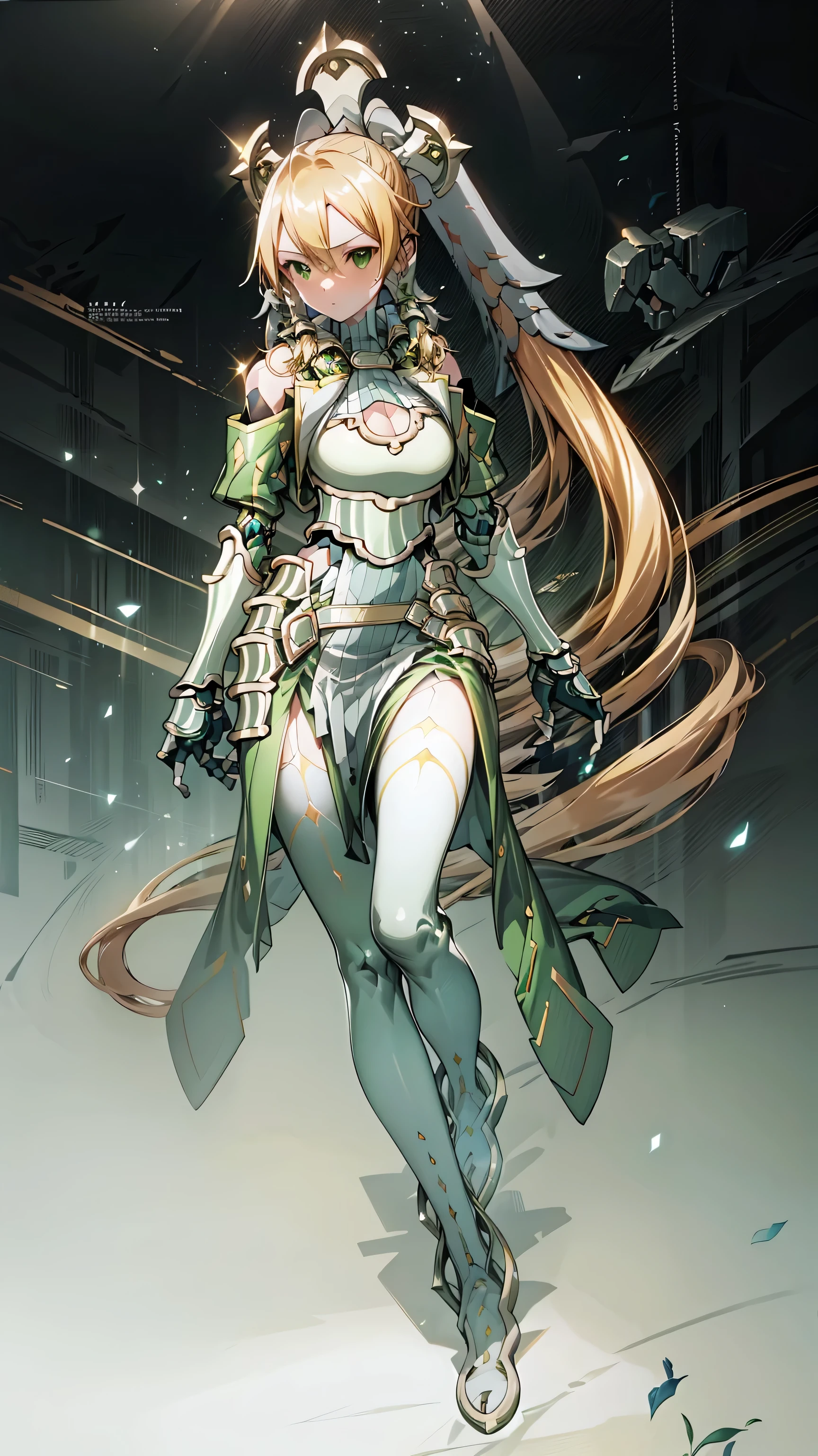 highest quality、unity 8k wallpaper、32K、masterpiece、Super detailed、ultra high resolution、ultra high resolution、android leaf、mecha girl、robot girl、Bright green and gold dress-type armor、mechanical limbs、mecha musume、mechanical parts、複雑に表現されたスーパーrobot joints、robot joints、robot fingertips、single mechanical arm、mechanical arm、elf ears headset、complex mechanical body、Mechanical waist covered with dense armor、realistic camera eye、Mechanical armor dress made of high quality metal and gears、Details of the machine body、Mechanical waist covered with dense armor、mechanical limbs、mecha musume、細密に表現されたスーパーrobot joints、robot joints、single mechanical arm、mechanical arm、Mechanical body peeking through clothes、upright、Waist and shoulders with exposed metal parts