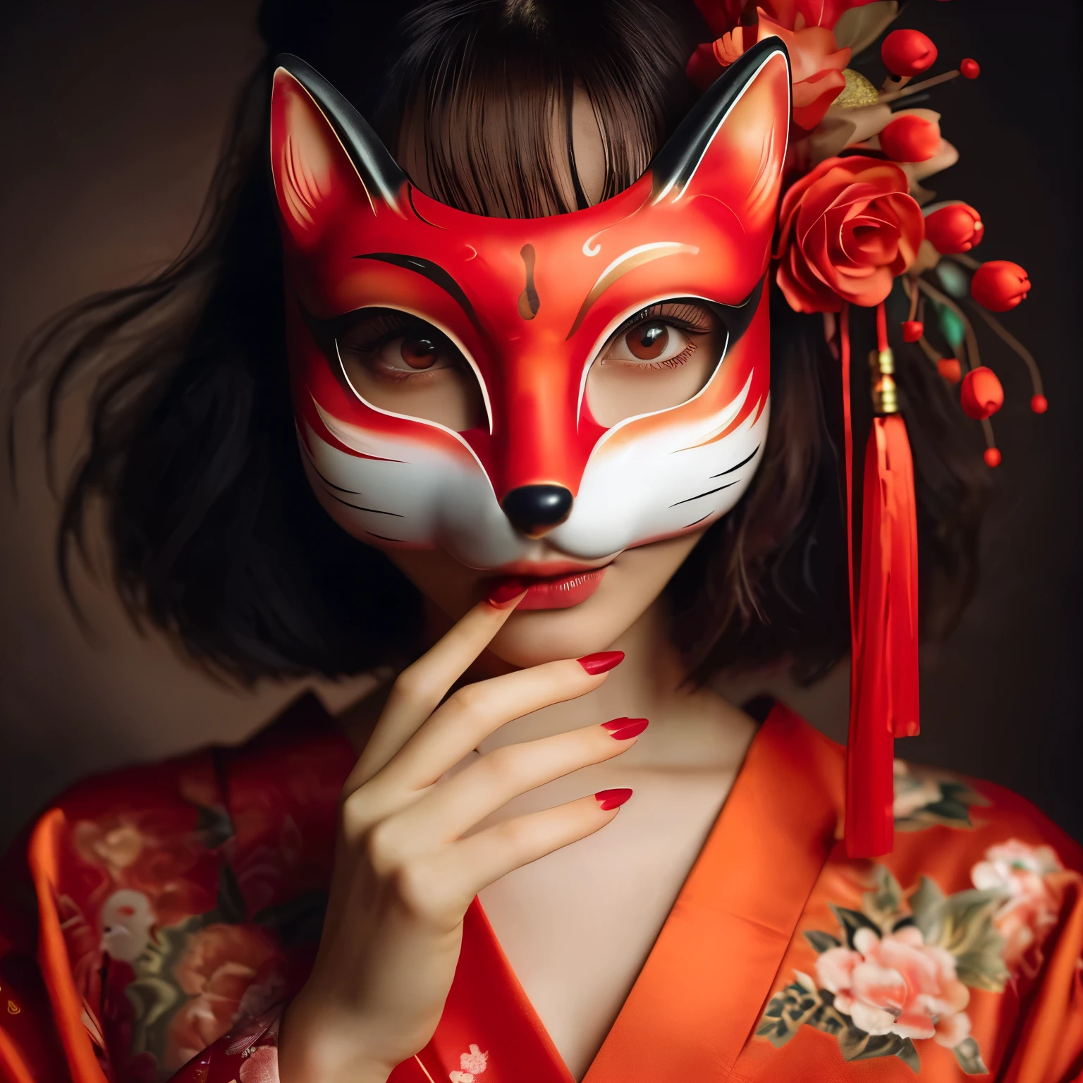 Create an underexposed hyper-realistic hyper-detailed ultra hd photograph of 1girl, facing camera, masterpiece portrait photo, chubby cold Asian girl with natural red eyes, short hair, facing camera, her face is fully covered by a sexy red kitsune fox mask, she wear red floral dress like geisha, her gentle red fingernails are touching the red kitsune mask that covering her face elegantly, her gesture is flowing with elegant dynamic pose capturing captivating elegance and beauty, ultra hd, 16k, photo was taken by the world best camera with f/1.8 lens and dramatic lighting, also emphasize the captivating elegance, coldness and beauty she poses with soft dramatic background lighting