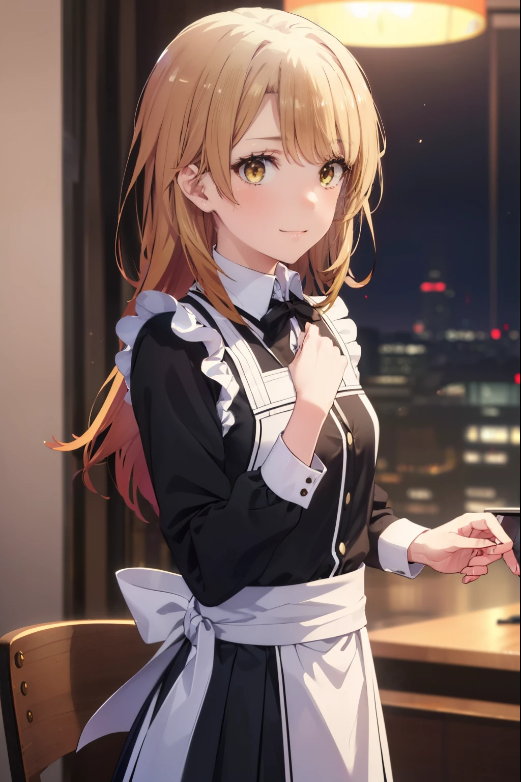 irohaisshiki, iroha isshiki, long hair, 茶hair, (brown eyes:1.5), smile,skirtリフト, cloth, hair, skirt, maid,He is intimidating with one hand on his waist.,
break indoors, dining,
break looking at viewer, (cowboy shot:1. 5)、break (masterpiece:1.2), highest quality, High resolution, unity 8k wallpaper, (figure:0.8), (detailed and beautiful eyes:1.6), highly detailed face, perfect lighting, Very detailed CG, (perfect hands, perfect anatomy),