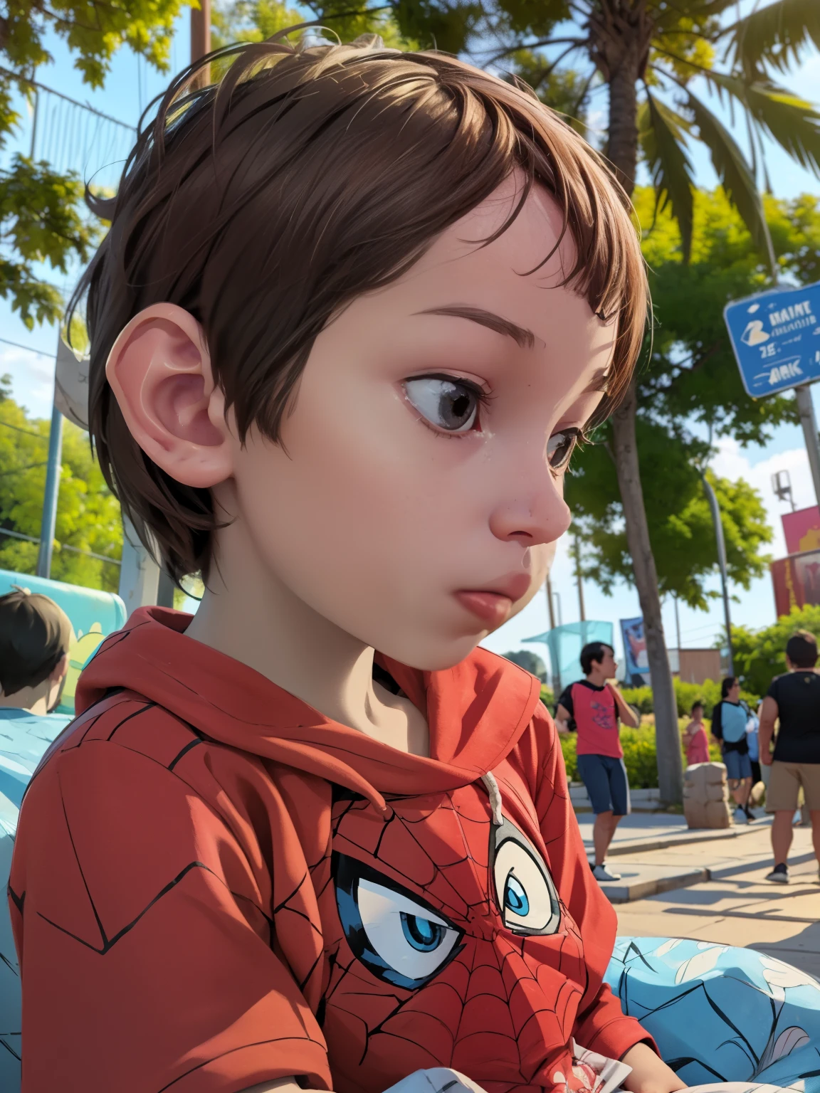 Cinematic Spider-Verse style. Comic art. TME0224 face, (((a , 4yo))) i funny day. (((Comic park background))). cinematic lighting, drop shadow, masterpiece, UHD, anatomically correct, textured skin, super detail, high details, high quality, best quality, 4K