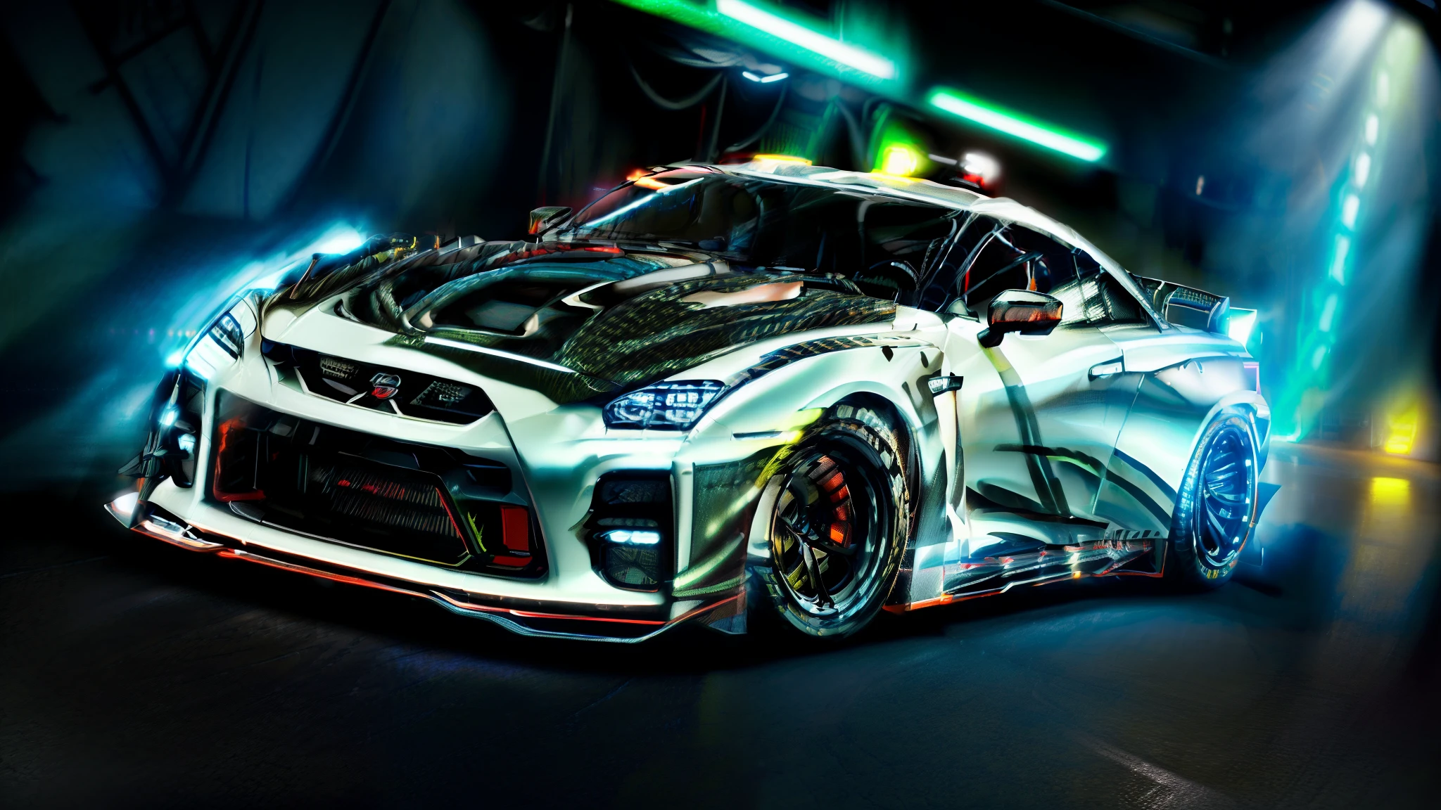 (((A photo realistic image of a Nissan GT-R Nismo))),  ((wide shot)),  sharp,  detailed car body,  detailed tires,  (masterpiece,  best quality,  ultra-detailed,  8K),  race car,  street racing-inspired,  Drifting inspired,  LED,  ((Twin headlights)),  (((Bright neon color racing stripes))),  (Black racing wheels),  Wheel spin showing motion,  Show car in motion,  Burnout,  wide body kit,  modified car,  racing livery,  masterpiece,  best quality,  realistic,  ultra high res,  (((depth of field))),  (full dual color neon lights:1.2),  (hard dual color lighting:1.4),  (detailed background),  (masterpiece:1.2),  (ultra detailed),  (best quality),  intricate,  comprehensive cinematic,  magical photography,  (gradients),  glossy,  Fast action style,  Sideways drifting in to a turns, 