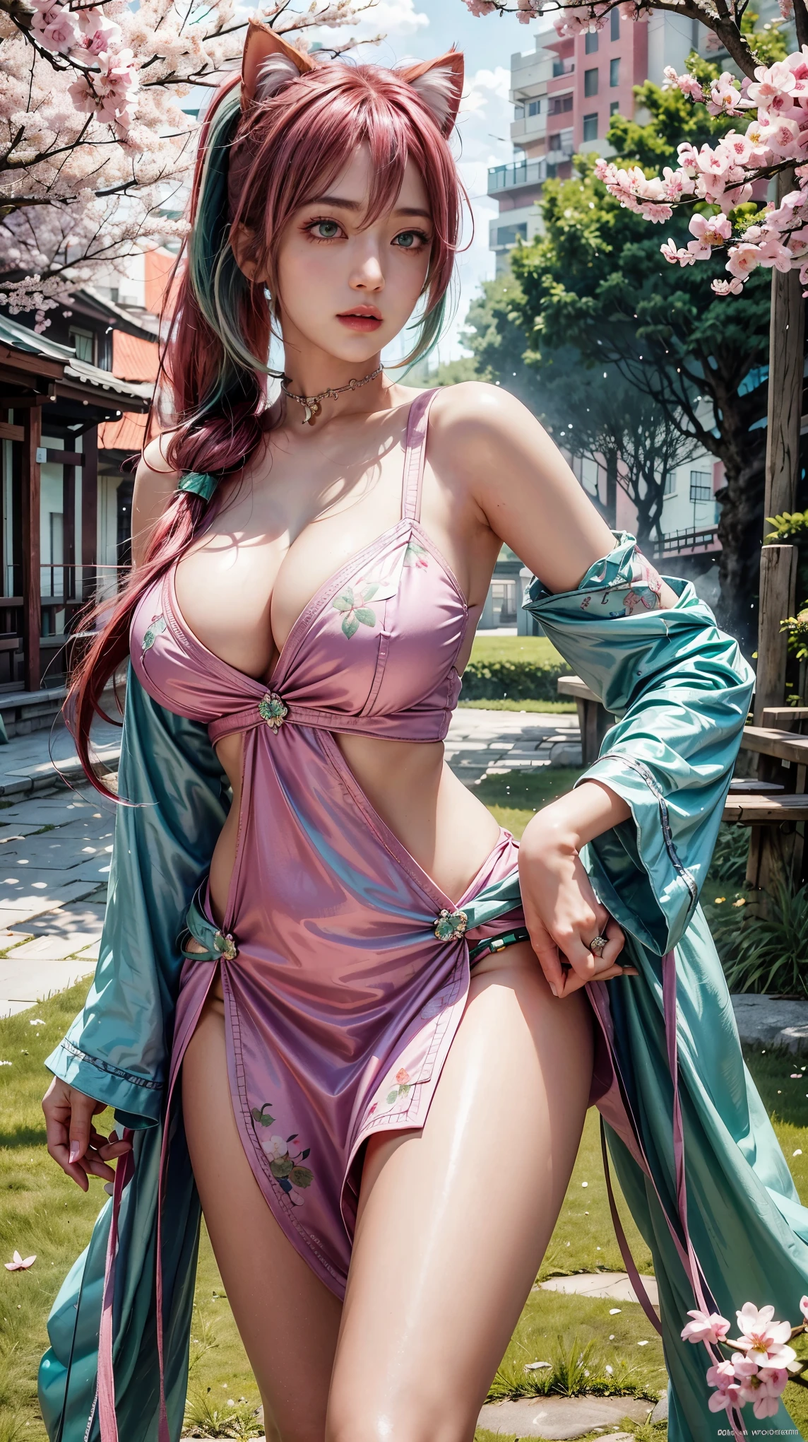 photorealistic, high resolution, soft lights, 1women, solo, hips up, green sparkling eyes, green blue pink hair, long hair, pink cat ears, violet eyes, red hanfu, hips up, jewelry, tattoo, cherry blossom, multi colour hair, pink dress, big perky breasts, twin ponytails, red hair 