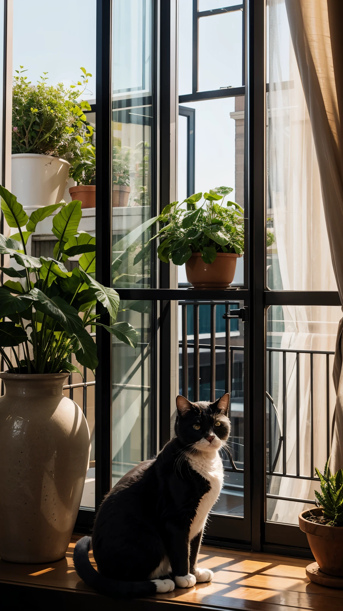 4K UHD photo of a chubby cat on a balcony, in front of a big window, plant vase, god ray, dusk, warm tone, masterpiece, best quality, ray tracing