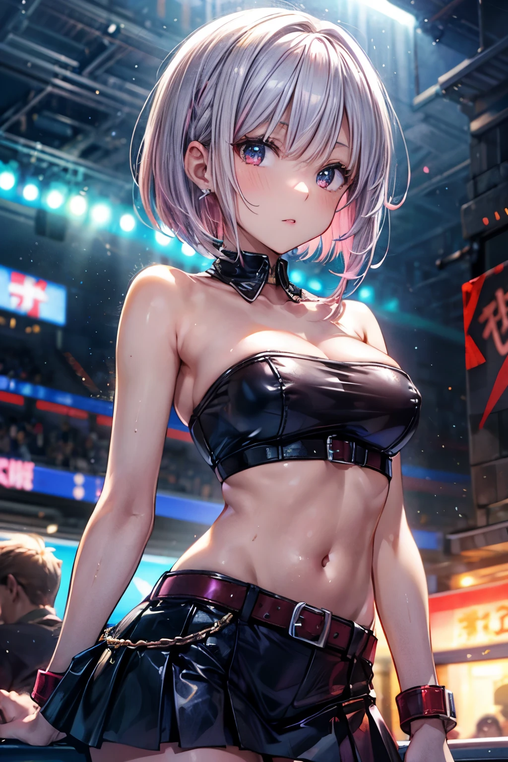 slender adult woman, ((pink hair)), break, ((black eye)), bob cut, short hair, straight hair, break, ((silver tube top)), tight top, No sleeve, Panty stocking, leather skirt, masterpiece, high quality, sexy, visible_nipples,