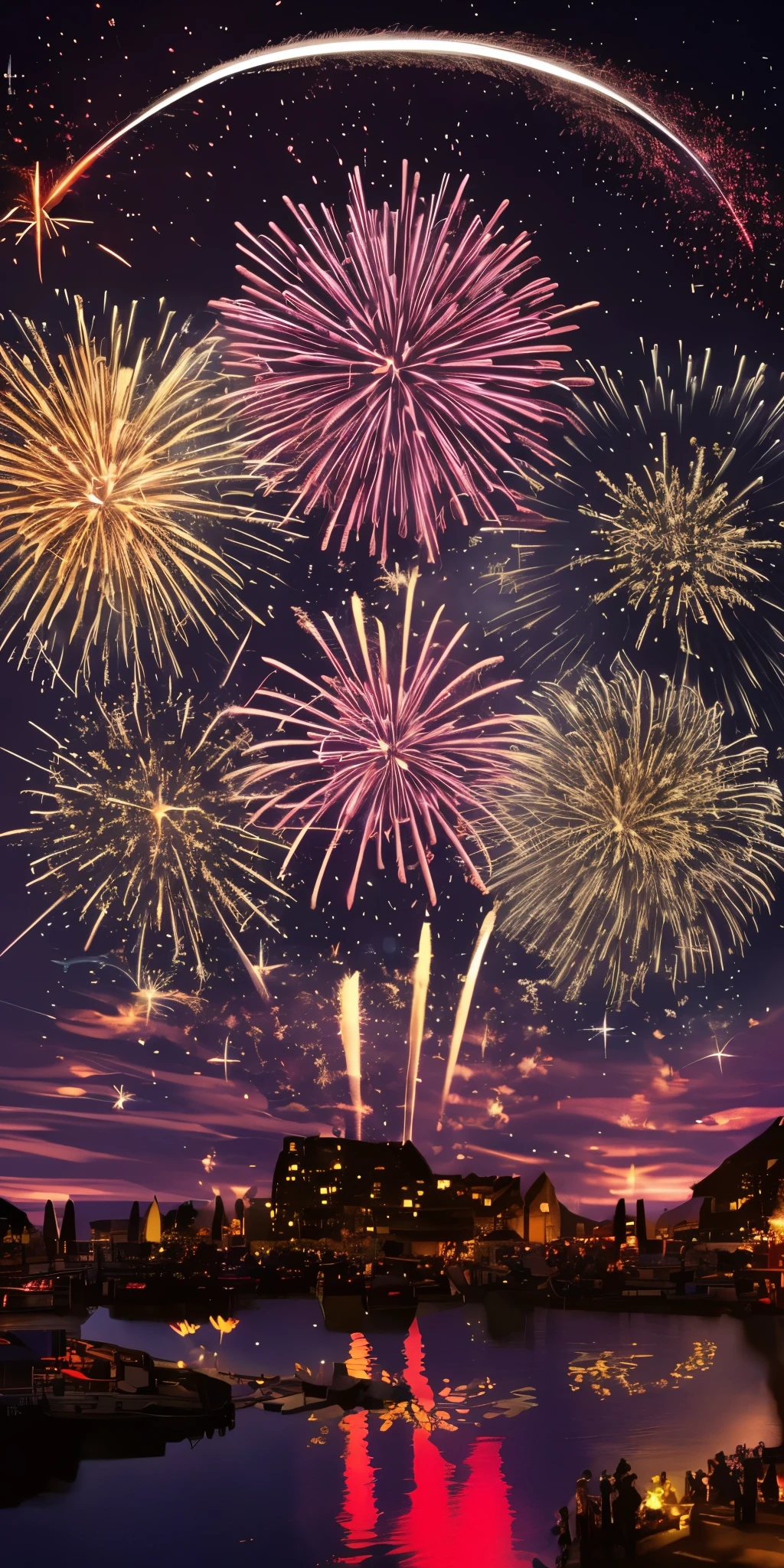 fireworkss are lit up in the night sky over a lake, fireworkss on the background, fireworkss in background, [ fireworkss in the sky ]!!, fireworkss in the background, fireworks, fireworkss, celebration, blinds, amazing background, background big explosion, festival. night scenery, happy!!!, !!beautiful!!, fireworks, fourth of july