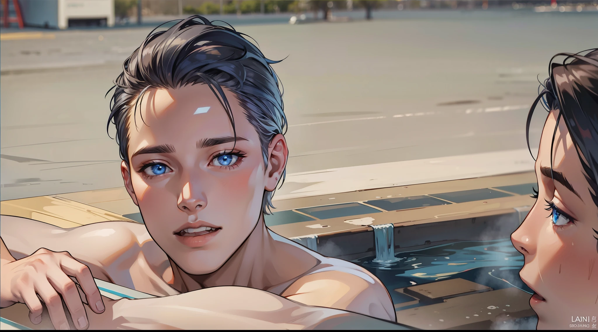 beautiful 16 year old man silver hair blue eyes is talking to someone