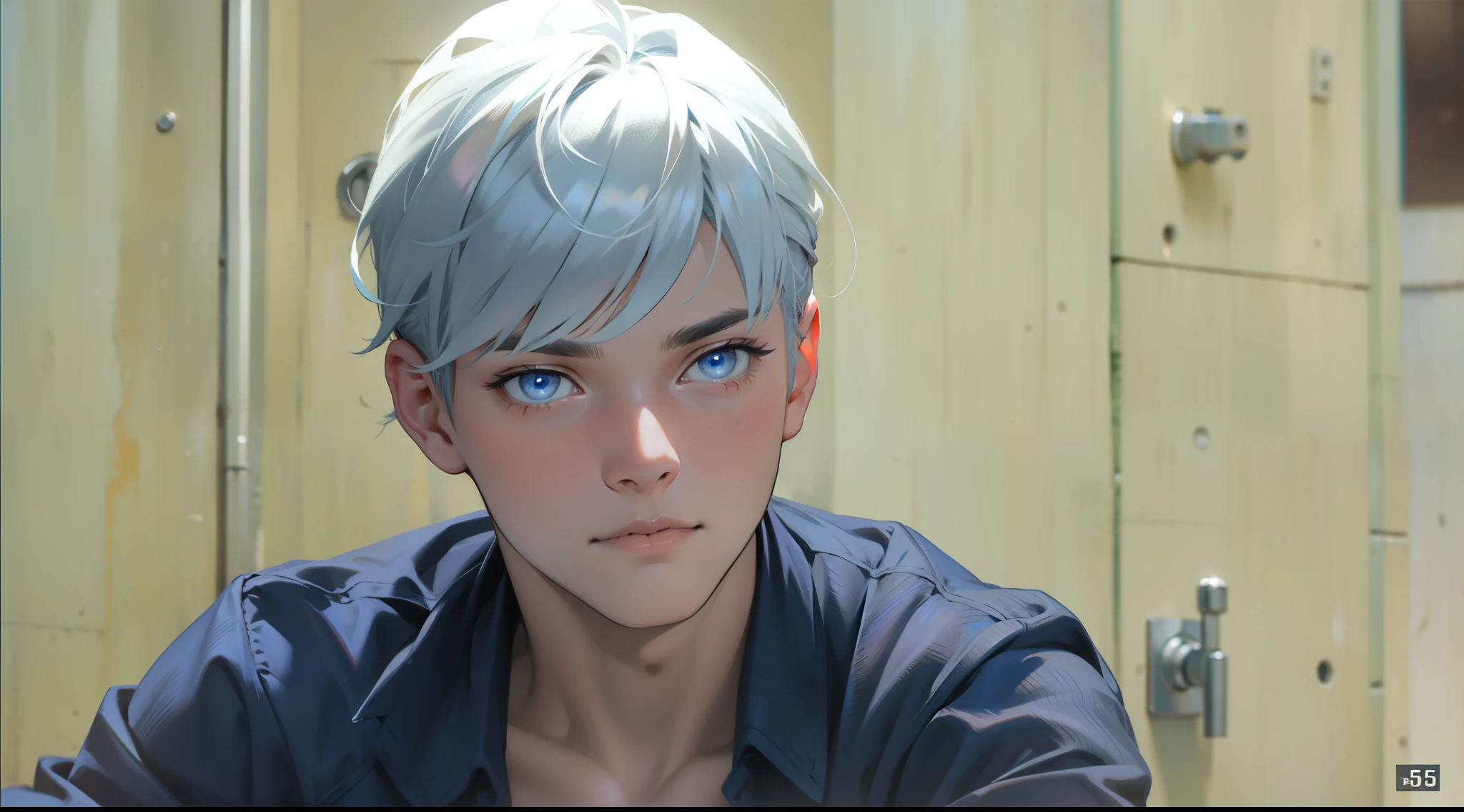 beautiful 16 year old man silver hair blue eyes is talking to someone