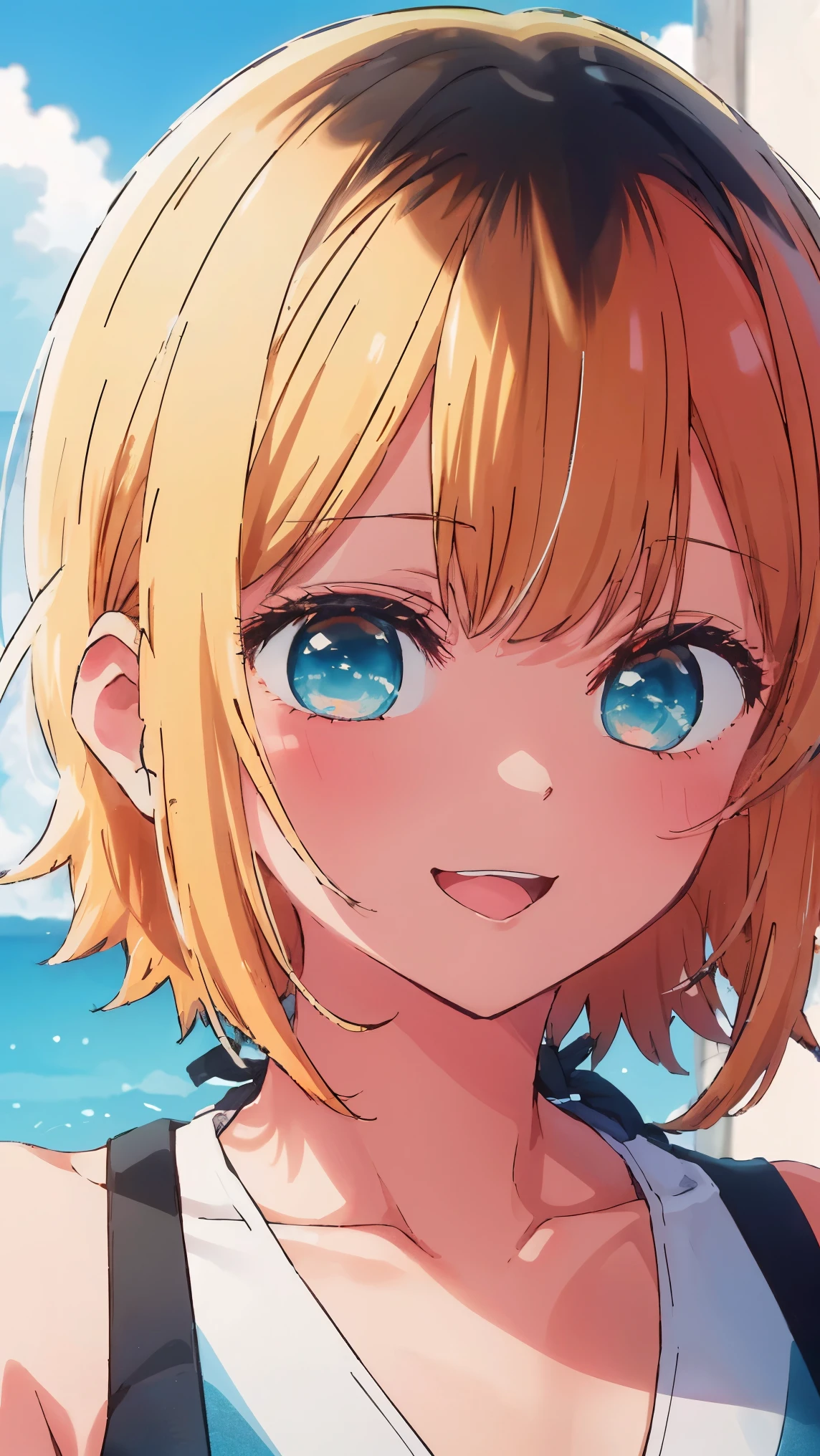 1 girl, memocho, blonde hair, blue eyes, dull bangs, short hair,(((anime style)))、(((2D)))、8K、smile、Close-up、Open your mouth、Black hair only on the head、(((swimsuit)))、(((bikini)))、beach