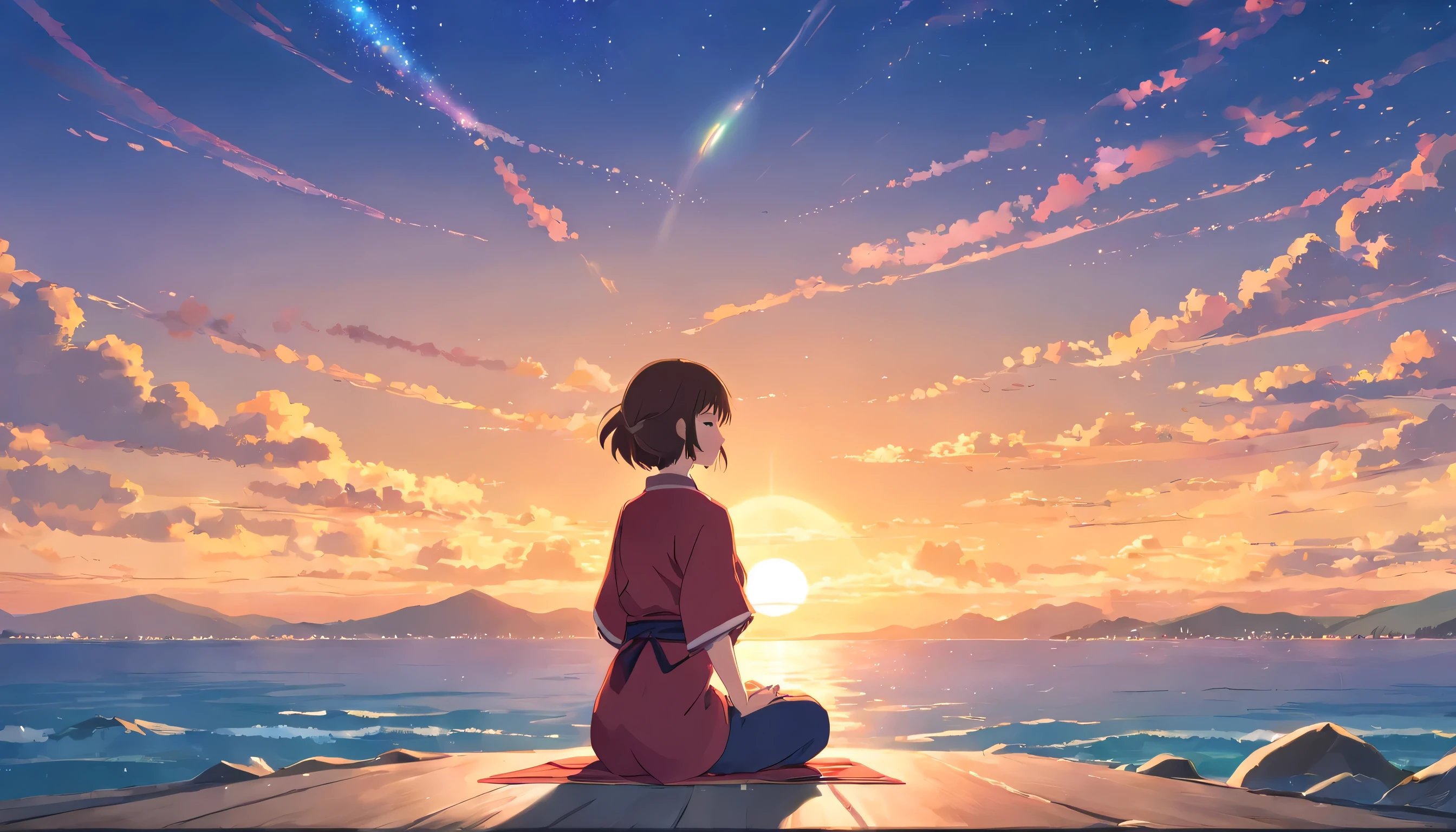 Image of a lovely girl looking forward and meditating with her eyes closed,highest quality, unity 8k wallpaper, 32K, masterpiece, Super detailed, High resolution, movie stills,1 girl,cute, delicate facial features, short brown hair silk girl, whole body, Black and red kimono, platinum necklace, starry sky,brightly,Sparkling,sunset,whole bodyesbian,barefoot(spark of light:0.7)