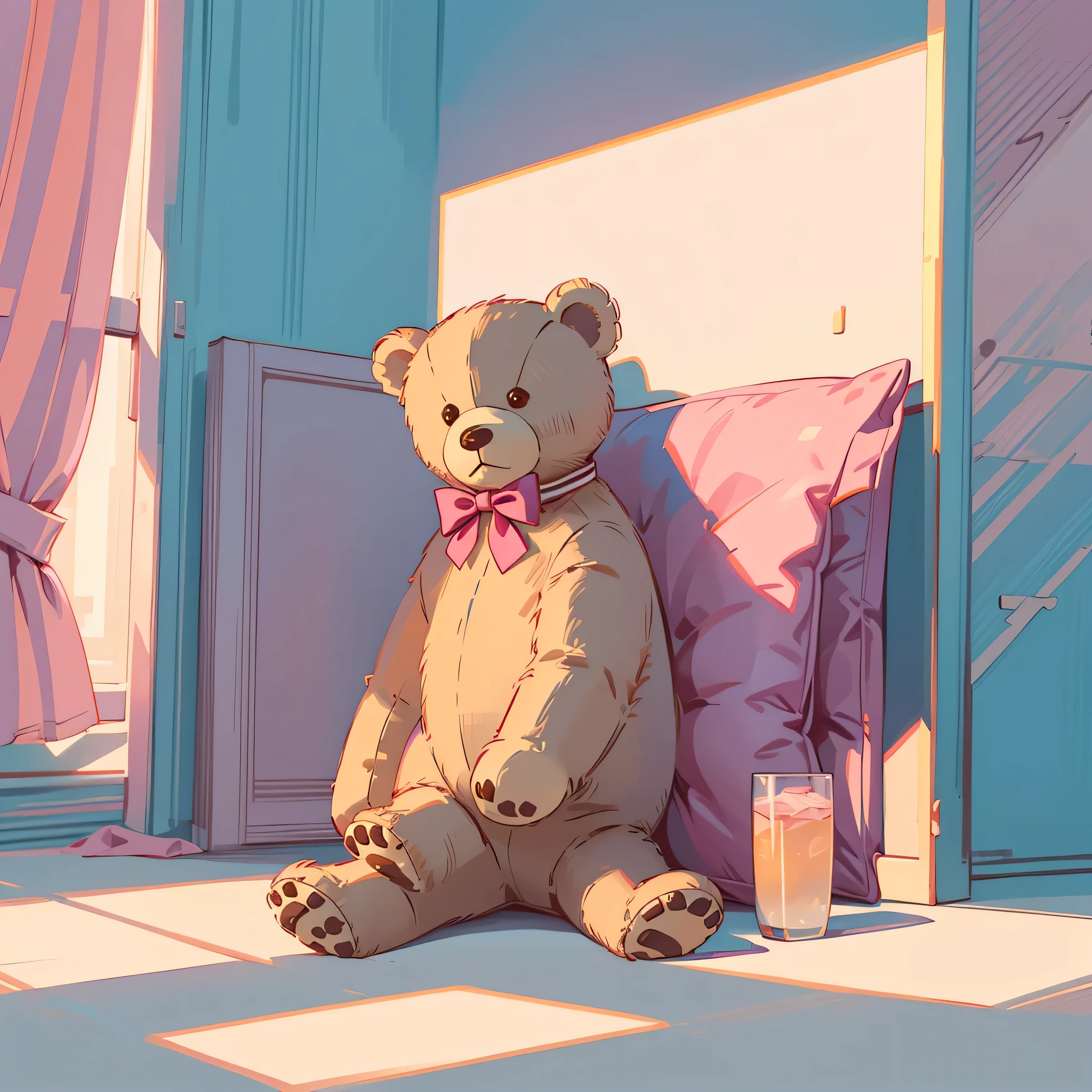 illustration,masterpiece,4k wallpaper,nobody,nobody, sitting teddy bear,Pink base tone,bow tie,charming,Graphic design, telephoto lens,unmanned,charming风格的房间,Pillow