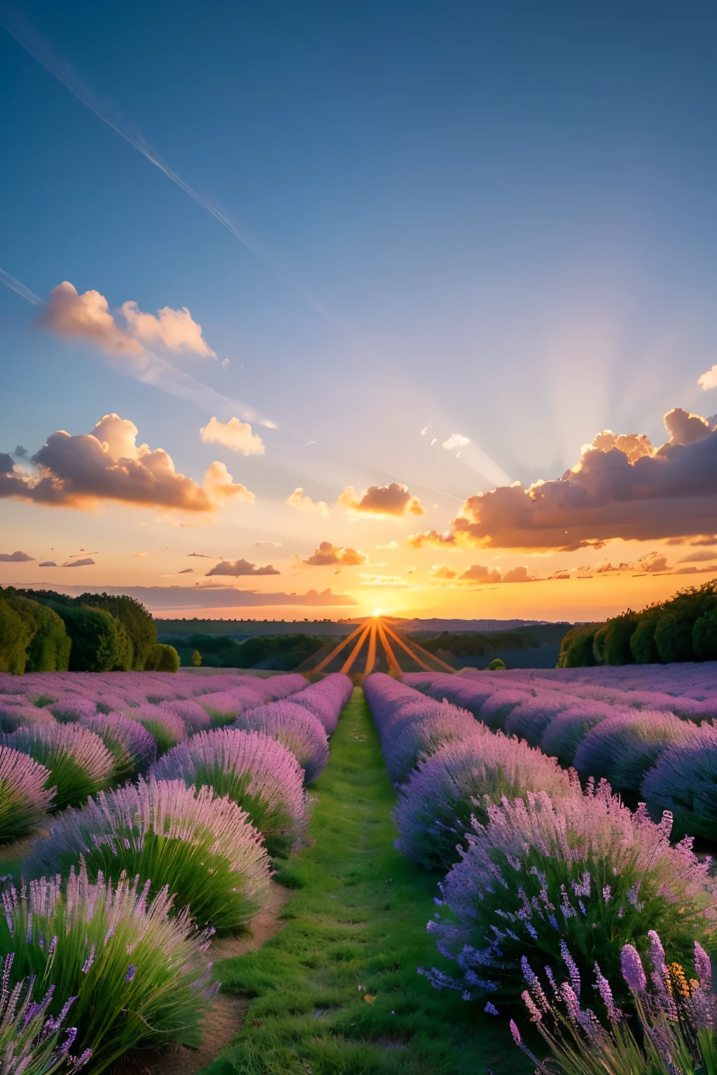 A serene and dreamy landscape, with a soft, ethereal light casting a warm glow over the scene. In the foreground, a lush field of lavender flowers stretches out towards the horizon, their delicate purple petals dancing in the breeze. The sky above is a gradual blend of past((meilleure qualité)), ((chef-d&#39;œuvre)), (détaillé), visage parfait