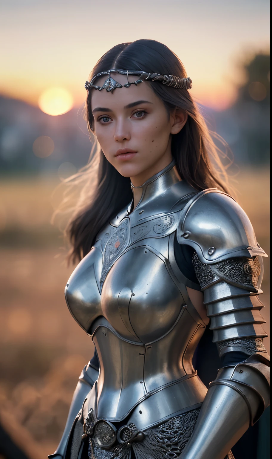 (masterpiece), (extremely intricate:1.3), (realistic), portrait of a girl, the most beautiful in the world, (medieval armor), metal reflections, upper body, outdoors, intense sunlight, far away castle, professional photograph of a stunning woman detailed, sharp focus, dramatic, award winning, cinematic lighting, octane render  unreal engine,  volumetrics dtx, (film grain, blurry background, blurry foreground, bokeh, depth of field, sunset, motion blur:1.3), chainmail