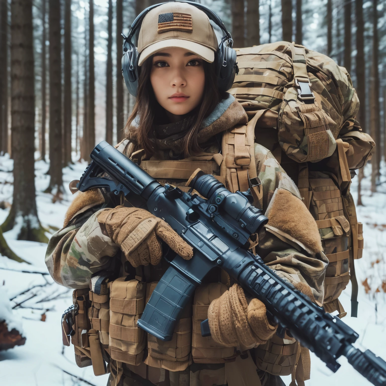 (best quality,4k,8k,highres,masterpiece:1.2),ultra-detailed,realistic:1.37,portrait,forest landscape,rifle,smooth skin texture, detailed facial features, vibrant colors, balanced lighting, ethereal atmosphere, rifle barrel, leaves rustling, peaceful solitude