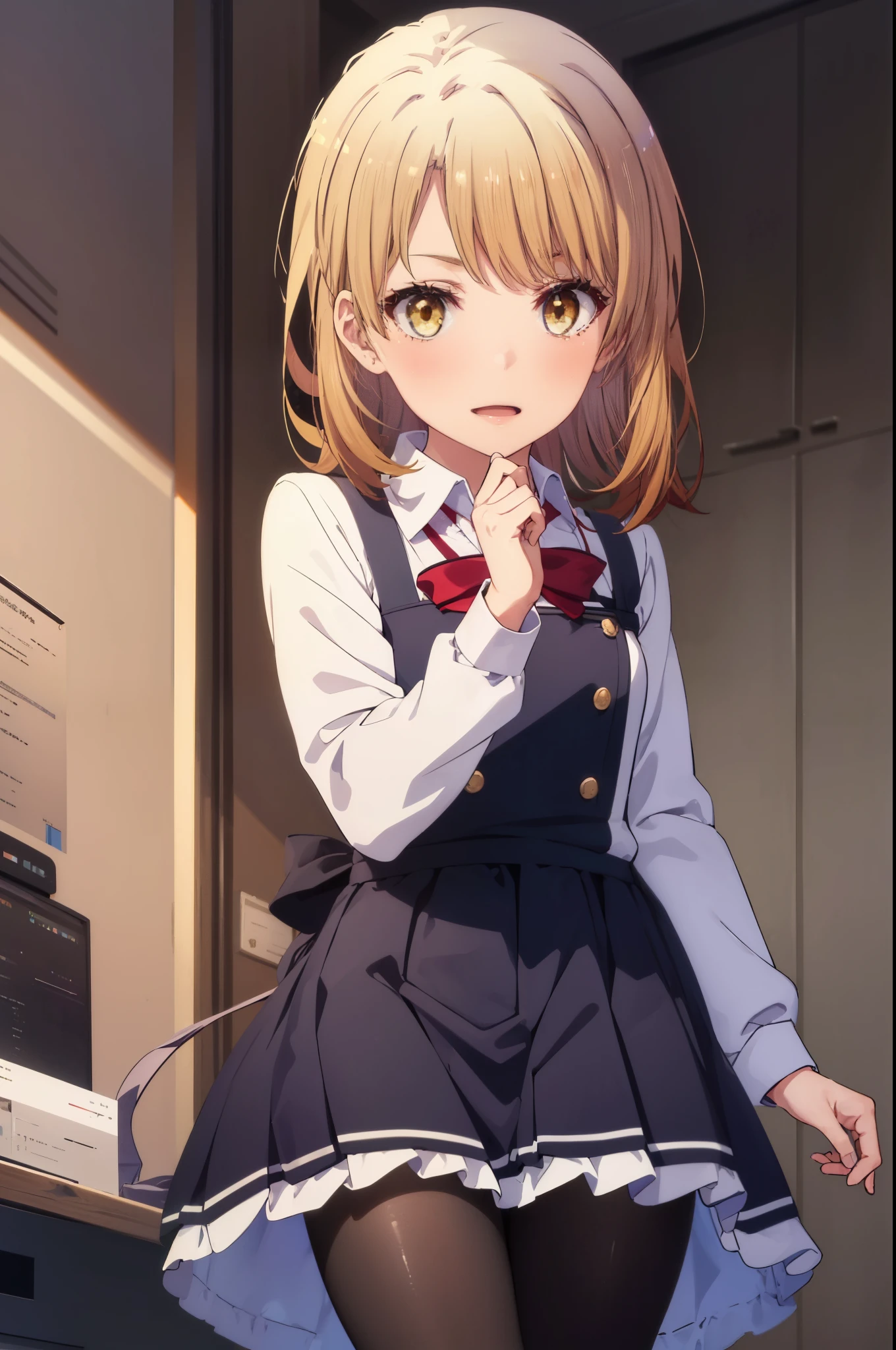 irohaisshiki, iroha isshiki, long hair, 茶hair, (brown eyes:1.5), open your mouth,smile,skirtリフト, cloth, hair, skirt,  black pantyhose,short boots,maid,He is intimidating with one hand on his waist.,
break indoors, room,
break looking at viewer, (cowboy shot:1. 5)、break (masterpiece:1.2), highest quality, High resolution, unity 8k wallpaper, (figure:0.8), (detailed and beautiful eyes:1.6), highly detailed face, perfect lighting, Very detailed CG, (perfect hands, perfect anatomy),