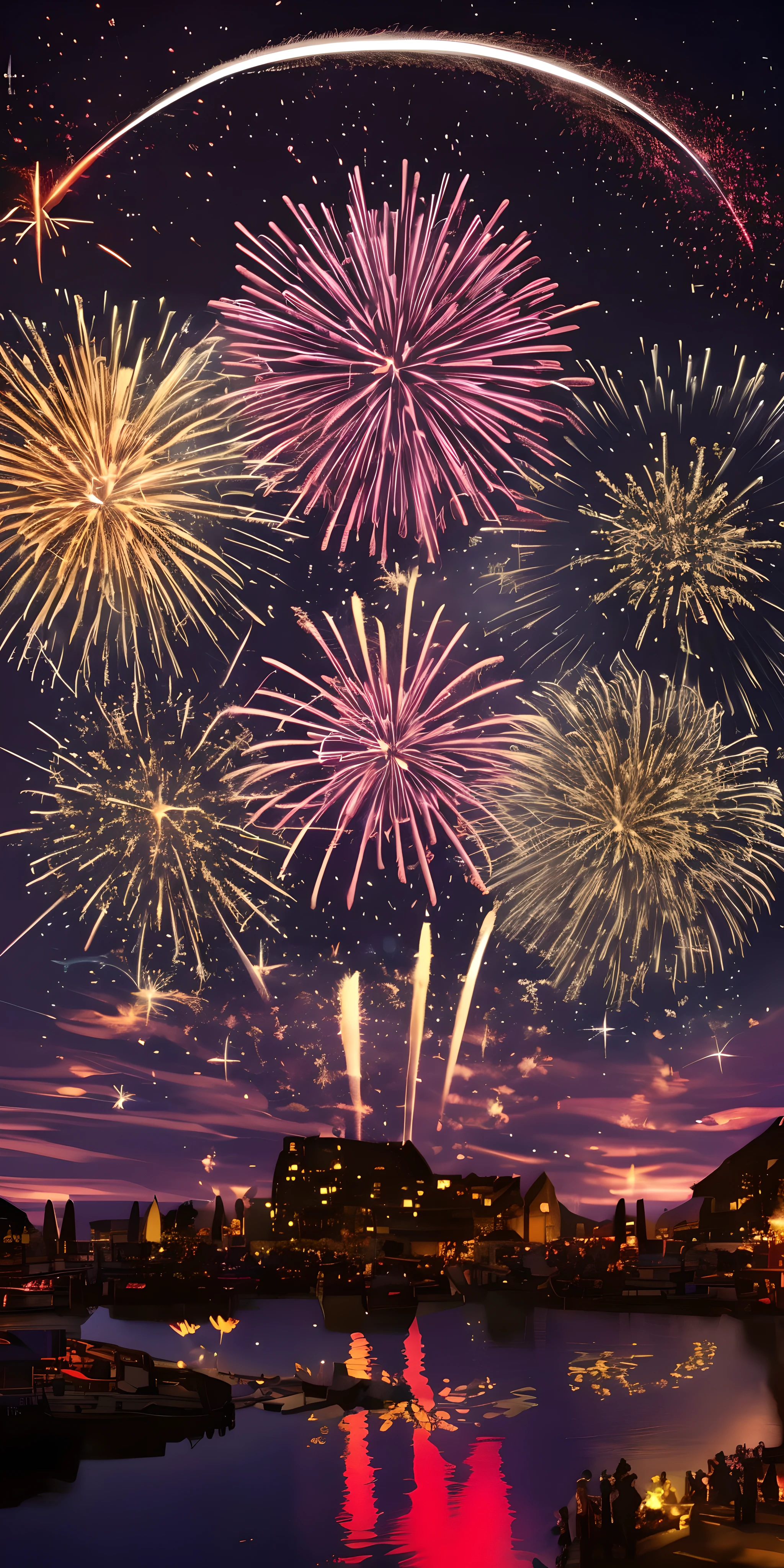fireworkss are lit up in the night sky over a lake, fireworkss on the background, fireworkss in background, [ fireworkss in the sky ]!!, fireworkss in the background, fireworks, fireworkss, celebration, blinds, amazing background, background big explosion, festival. night view, happy!!!, !!beautiful!!, fireworks, fourth of july