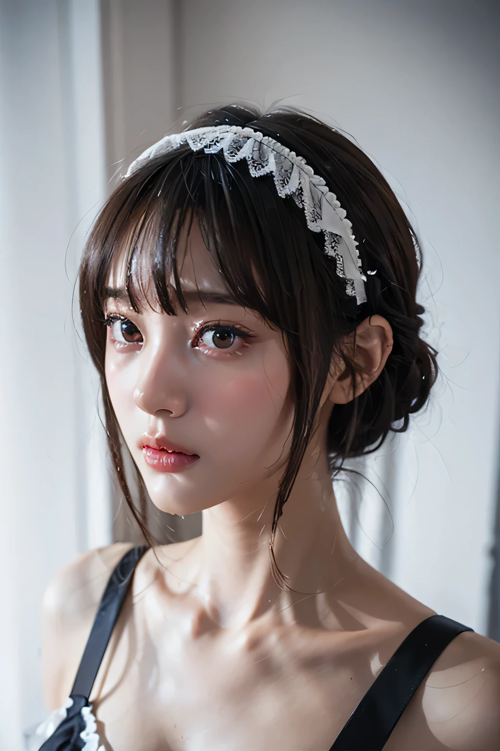 ８ｋ、High resolution、maid clothes fashion、beautiful girl、slender body、young、white skin,、narrow eyes,high nose,lighting that illuminates the face、clear image、intellectual beauty、Eyes staring straight ahead、skinny、no makeup、Black Lace Costume、short hair、anxious look、close-up image、lighting that illuminates the face,shining hair、