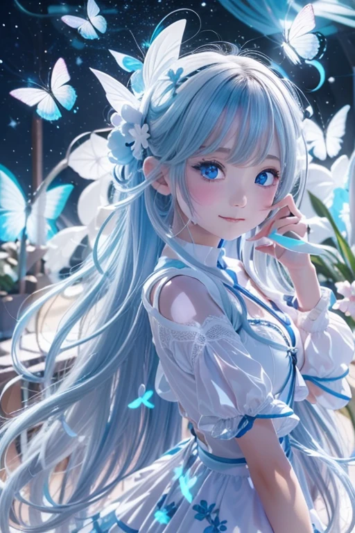 1 girl,light blue long hair,blue eyes,White clothes with blue decoration,many shining white butterflies, night sky, magic light,high fantasy,anime art wallpaper 4k, beautiful anime artwork, beautiful anime art, beautiful fantasy anime, anime wallpaper 4k, beautiful digital artwork,(high contrast)