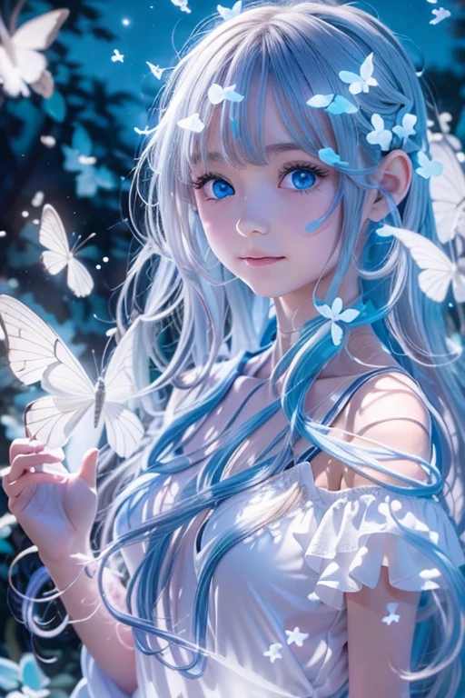 1 girl,light blue long hair,blue eyes,White clothes with blue decoration,many shining white butterflies, night sky, magic light,high fantasy,anime art wallpaper 4k, beautiful anime artwork, beautiful anime art, beautiful fantasy anime, anime wallpaper 4k, beautiful digital artwork,(high contrast)