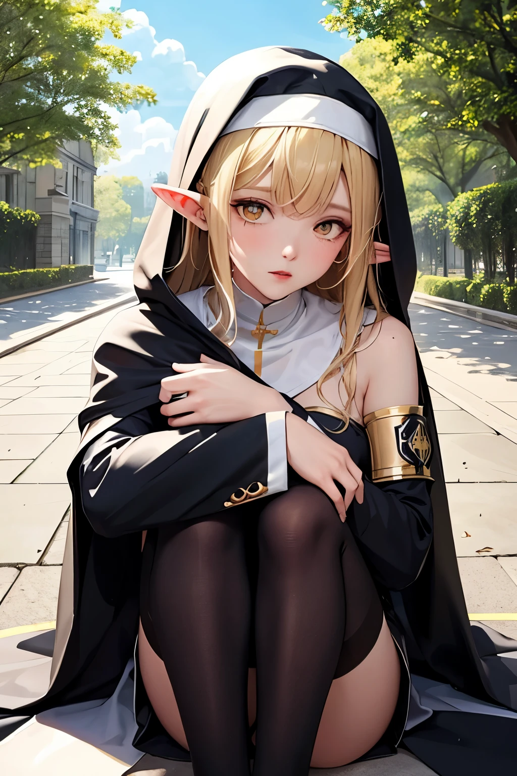 detached sleeves, bare shoulders, cape, armband, cloak, white thighhighs, garters, yellow eyes, glowing eyes, crying with eyes open, flat chest, blonde hair, long hair, hair ornament, crossdressing, yaoi, nun, priest, pointy ears, elf, masterpiece, best quality, lowres, bad anatomy, bad hands, text, error, missing fingers, extra digit, fewer digits, cropped, worst quality, low quality, normal quality, jpeg artifacts, signature, watermark, username, blurry, sitting, hugging own legs