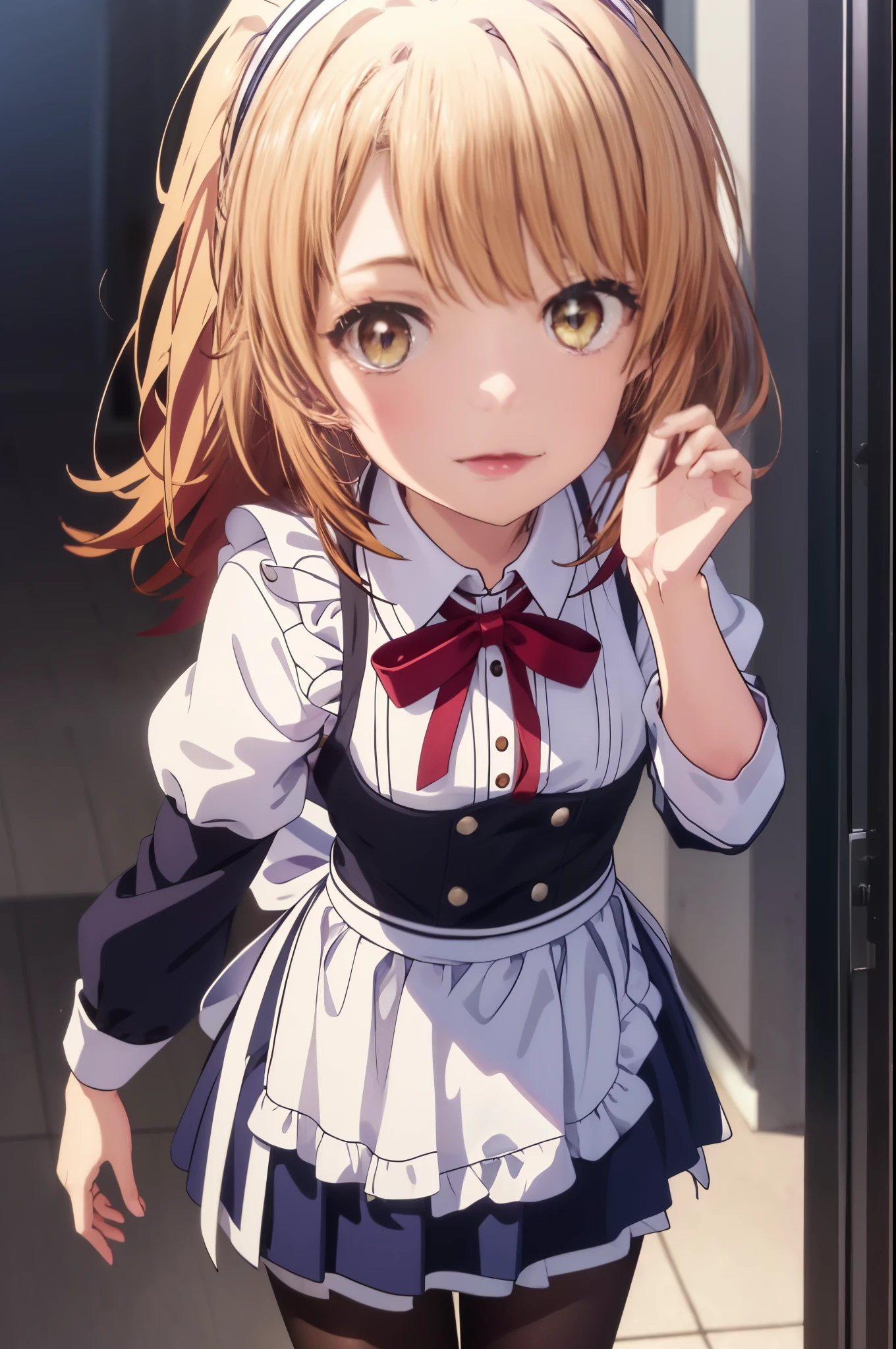 irohaisshiki, iroha isshiki, 腰まである長いhair, 茶hair, (brown eyes:1.5), open your mouth,smile,maid headドレス,skirtリフト, cloth, hair, skirt, black pantyhose,short boots,maid,He is intimidating with one hand on his waist.,
break indoors, room,
break looking at viewer, (cowboy shot:1. 5)、break (masterpiece:1.2), highest quality, High resolution, unity 8k wallpaper, (figure:0.8), (detailed and beautiful eyes:1.6), highly detailed face, perfect lighting, Very detailed CG, (perfect hands, perfect anatomy),