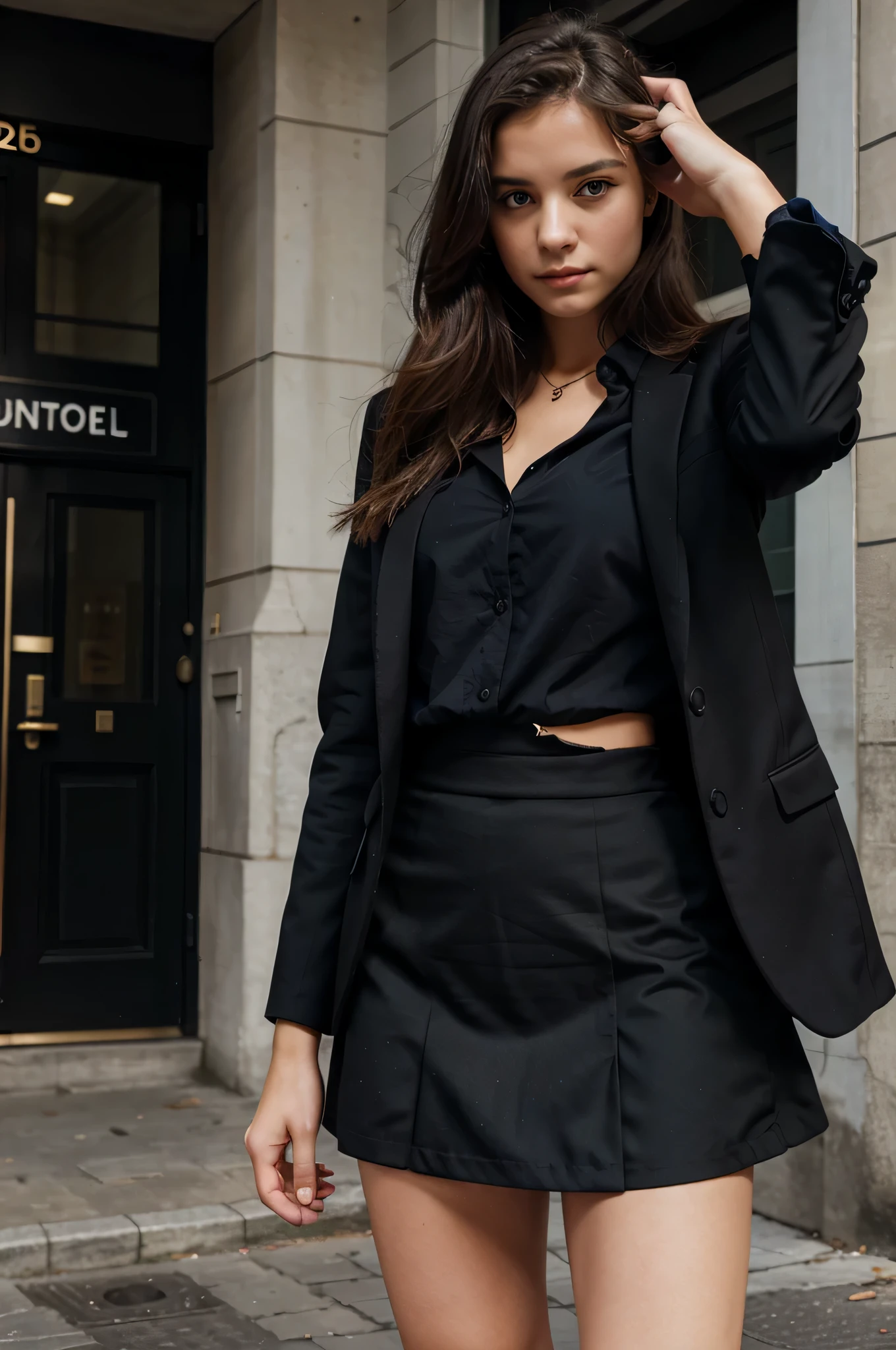young European woman in a black suit, black skirt, Blue shirt, street, Bank building