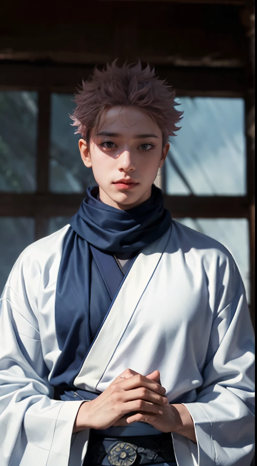 (RyomenSukuna),1man, blue scarf, japanese clothes, white kimono, wide sleeves, long sleeves, obi, tabi, zouri, upper body, ((solo)), 1man, detailed face, intricate eyes, film grain, realistic