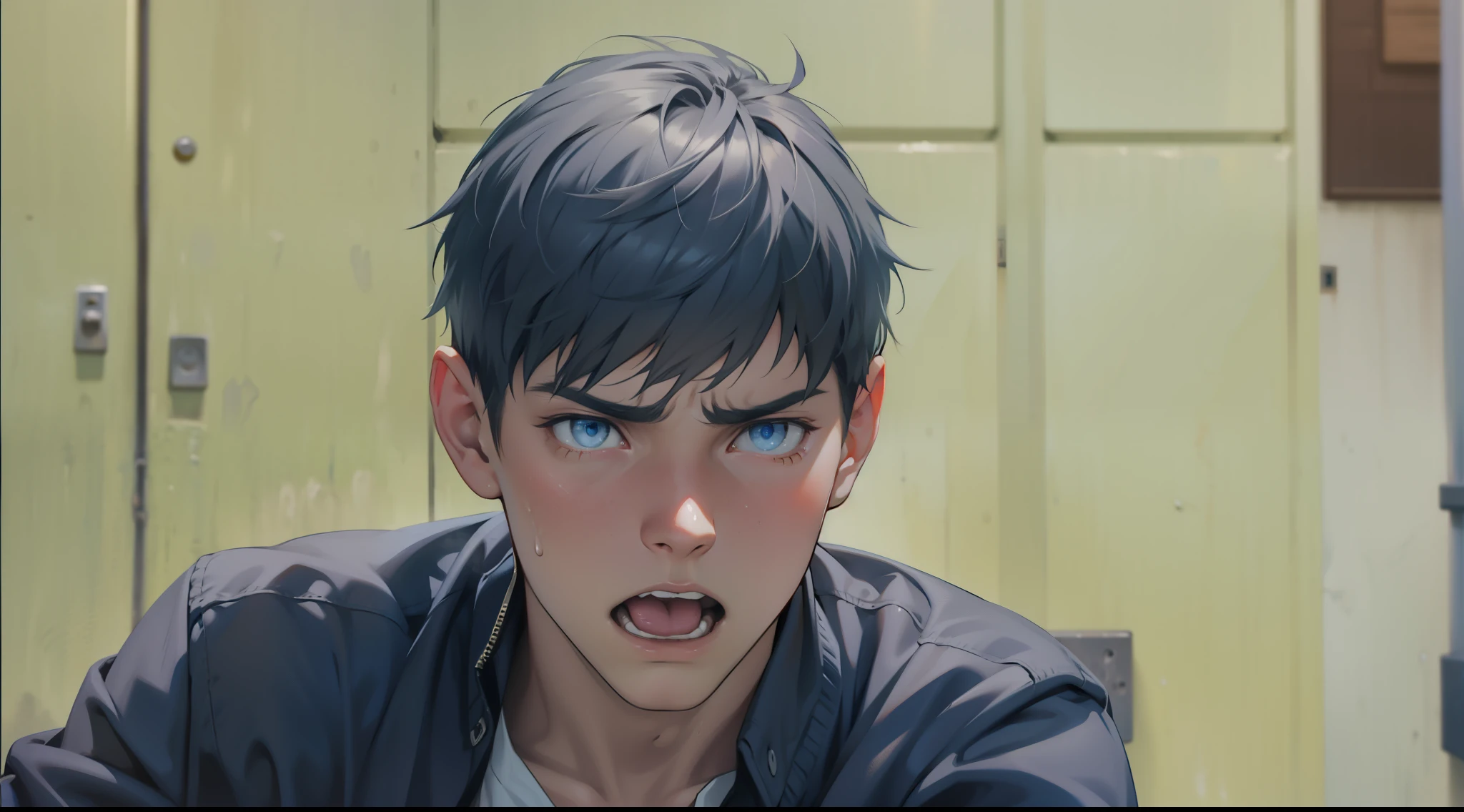 beautiful 16 year old man silver hair blue eyes is talking to someone makes different expressions of sadness joy anger seriousness astonishment