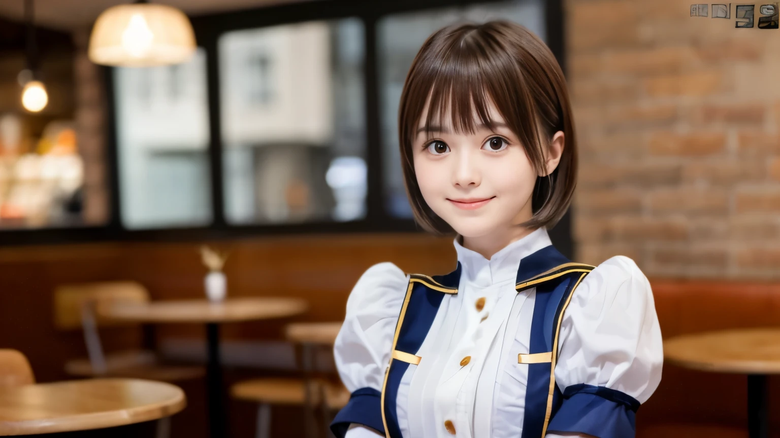 (Face shot of slender small-breasted round face brown short hair with bangs girl in a French maiden costume:1.5)、(One girl standing in the Cafe with small smile:1.5)、(Cafe at the night time:1.5)、(blurred background:1.5)、(perfect anatomy:1.5)、photorealistic stick、Raw photo、table top、highest quality、High resolution、delicate and beautiful、perfect face、Delicate and beautiful eye air skin、Real Human Skin、((thin legs))
