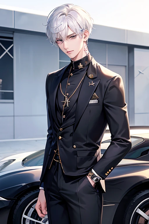 1 boy, tall, handsome, wearing Louis Vuitton clothes, Standing in front of a sportsbike, handsome, (White hair with blue shade), (Have Two Block X Taper Fade Haircut), black eyes, (Have a small crucifix tattoo near his eye), (have a small scar near his lip), Windbreaker_Joker, no abnormality, manhwa character, character_Joker, anime, Manhwa_type_Boy.