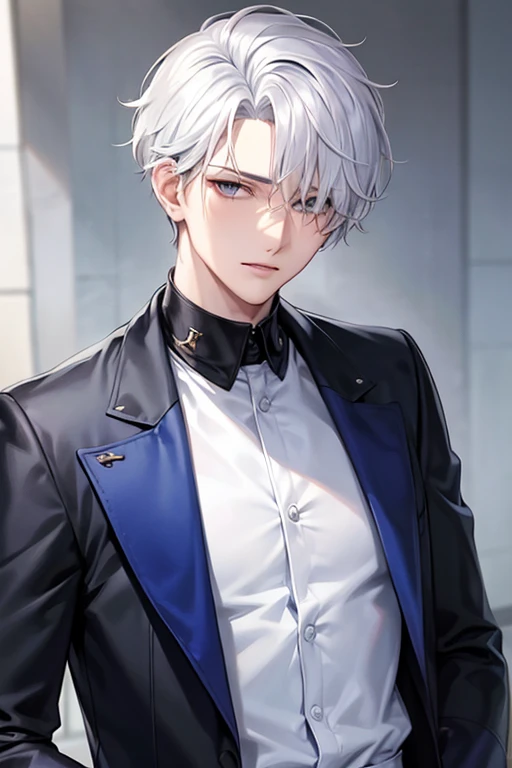 1 boy, tall, handsome, (wearing Louis Vuitton clothes), standing, Looking at his side, sharp jawline, handsome man, handsome, (White hair with blue shade), (Have Two Block X Taper Fade Haircut), black eyes, (Have a small crucifix tattoo near his eye), (have a small scar near his lip), Windbreaker_Joker, no abnormality, manhwa character, character_Joker, anime, Manhwa_type_Boy, (((((Standing Inside of a fighting club))))), full body, Muscular Cutting body, not bulky, Beautiful lightning