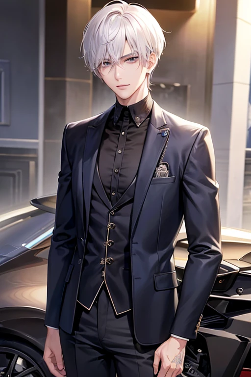 1 boy, tall, handsome, wearing Louis Vuitton clothes, Standing in front of a sportsbike, handsome, (White hair with blue shade), (Have Two Block X Taper Fade Haircut), black eyes, (Have a small crucifix tattoo near his eye), (have a small scar near his lip), Windbreaker_Joker, no abnormality, manhwa character, character_Joker, anime, Manhwa_type_Boy.