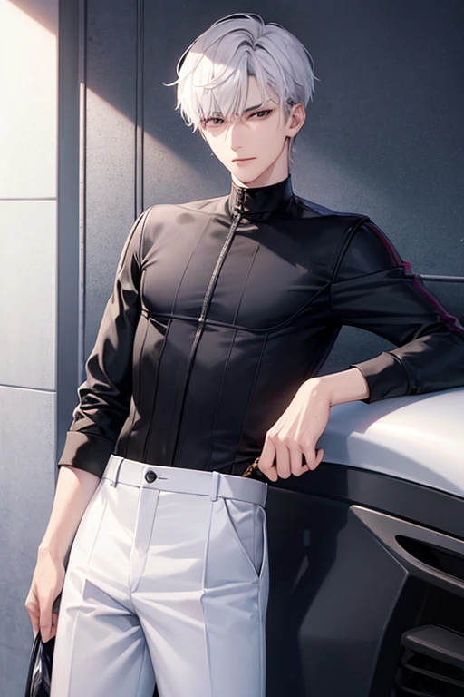 1 boy, tall, handsome, wearing Louis Vuitton clothes, Standing in front of a sportsbike, handsome, (White hair with blue shade), (Have Two Block X Taper Fade Haircut), black eyes, (Have a small crucifix tattoo near his eye), (have a small scar near his lip), Windbreaker_Joker, no abnormality, manhwa character, character_Joker, anime, Manhwa_type_Boy.