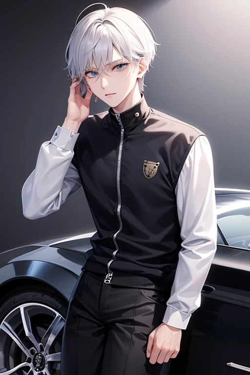 1 boy, tall, handsome, wearing Louis Vuitton clothes, Standing in front of a sportsbike, handsome, (White hair with blue shade), (Have Two Block X Taper Fade Haircut), black eyes, (Have a small crucifix tattoo near his eye), (have a small scar near his lip), Windbreaker_Joker, no abnormality, manhwa character, character_Joker, anime, Manhwa_type_Boy.