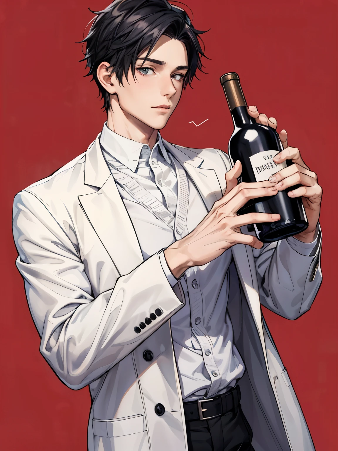 {male}，｛1 boy｝,｛solo｝，｛solid color background：white｝，black hair，doctor，Take the wine